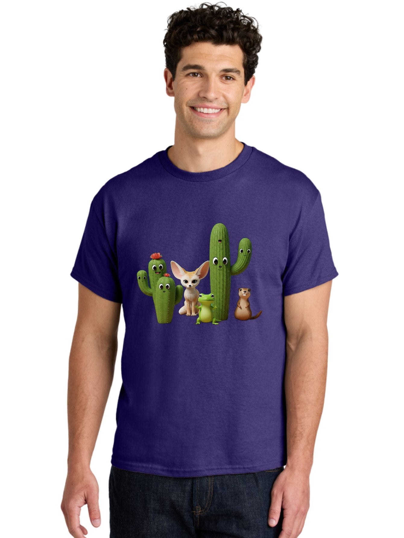 Cartoon-Cactus-And-Animals Men'S Graphic Tee, 100% Cotton, Comfortable Casual Summer Wear, Machine Washable, Cartoon Cacti, 3D Illustration, Desert Animals, Cute Wildlife, Digital Artwork, Funny Characters, Cartoon Characters, Cactus Friends, Bac788 30