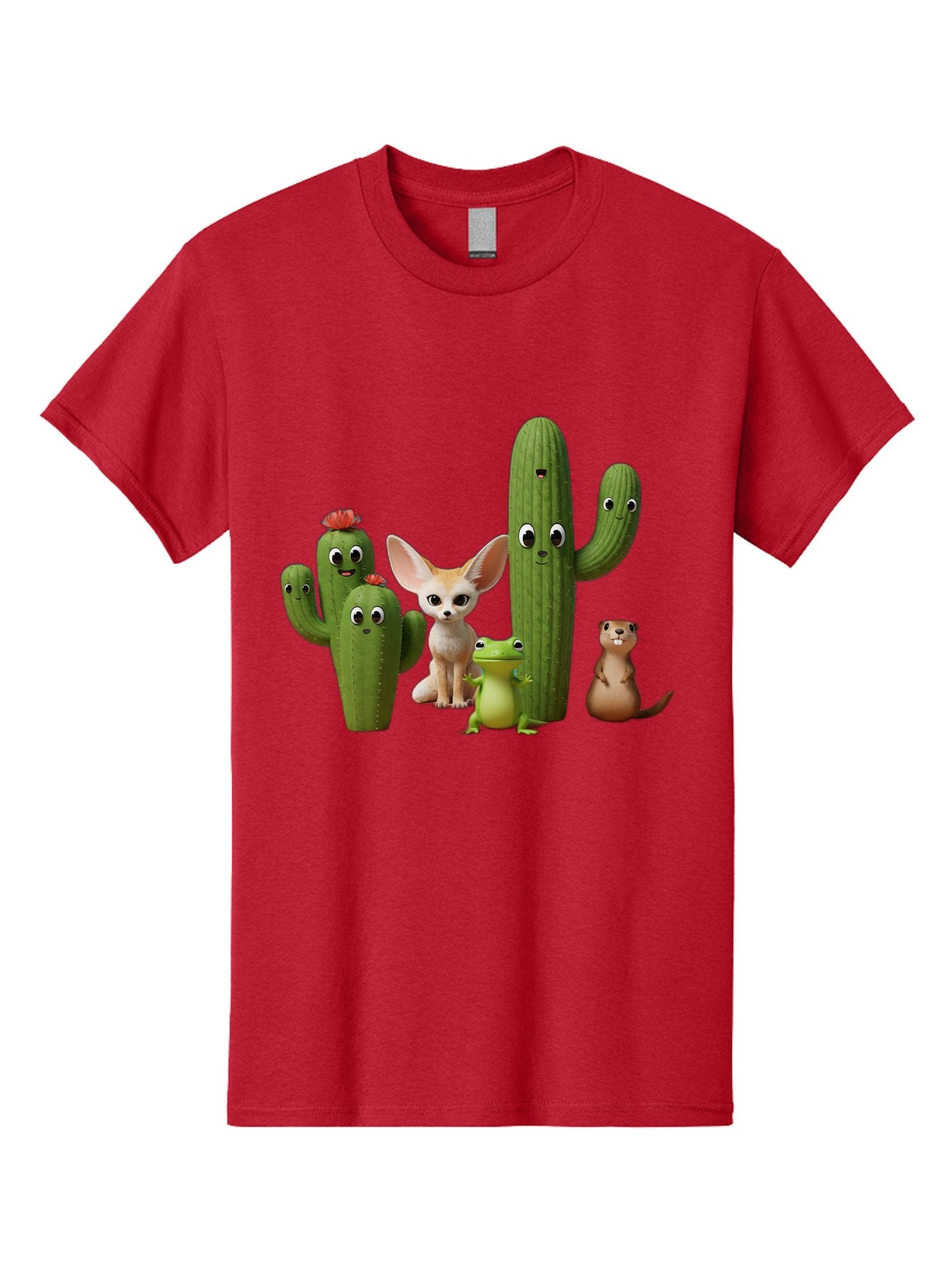 Cartoon-Cactus-And-Animals Men'S Graphic Tee, 100% Cotton, Comfortable Casual Summer Wear, Machine Washable, Cartoon Cacti, 3D Illustration, Desert Animals, Cute Wildlife, Digital Artwork, Funny Characters, Cartoon Characters, Cactus Friends, Bac788 5