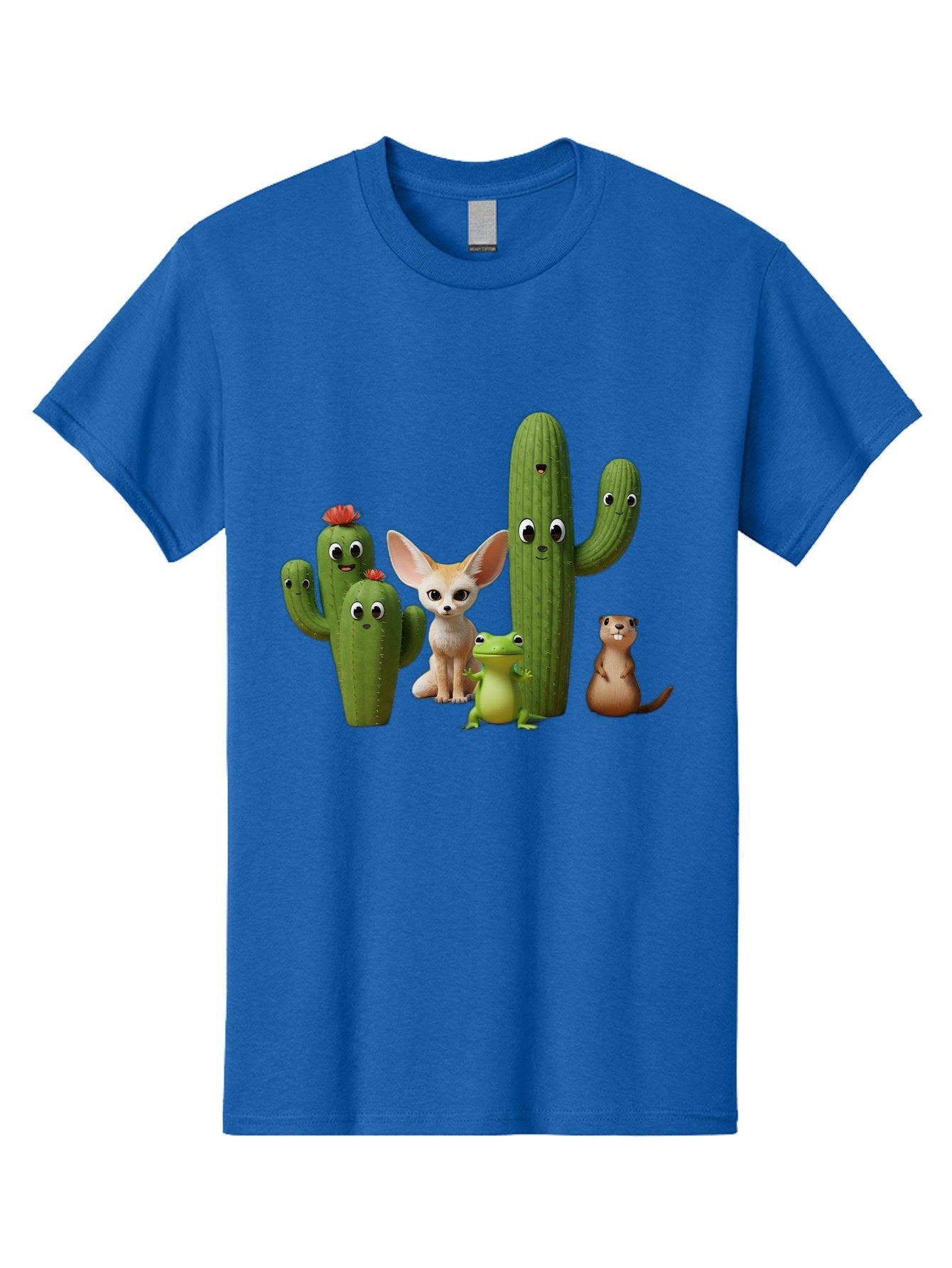 Cartoon-Cactus-And-Animals Men'S Graphic Tee, 100% Cotton, Comfortable Casual Summer Wear, Machine Washable, Cartoon Cacti, 3D Illustration, Desert Animals, Cute Wildlife, Digital Artwork, Funny Characters, Cartoon Characters, Cactus Friends, Bac788 12