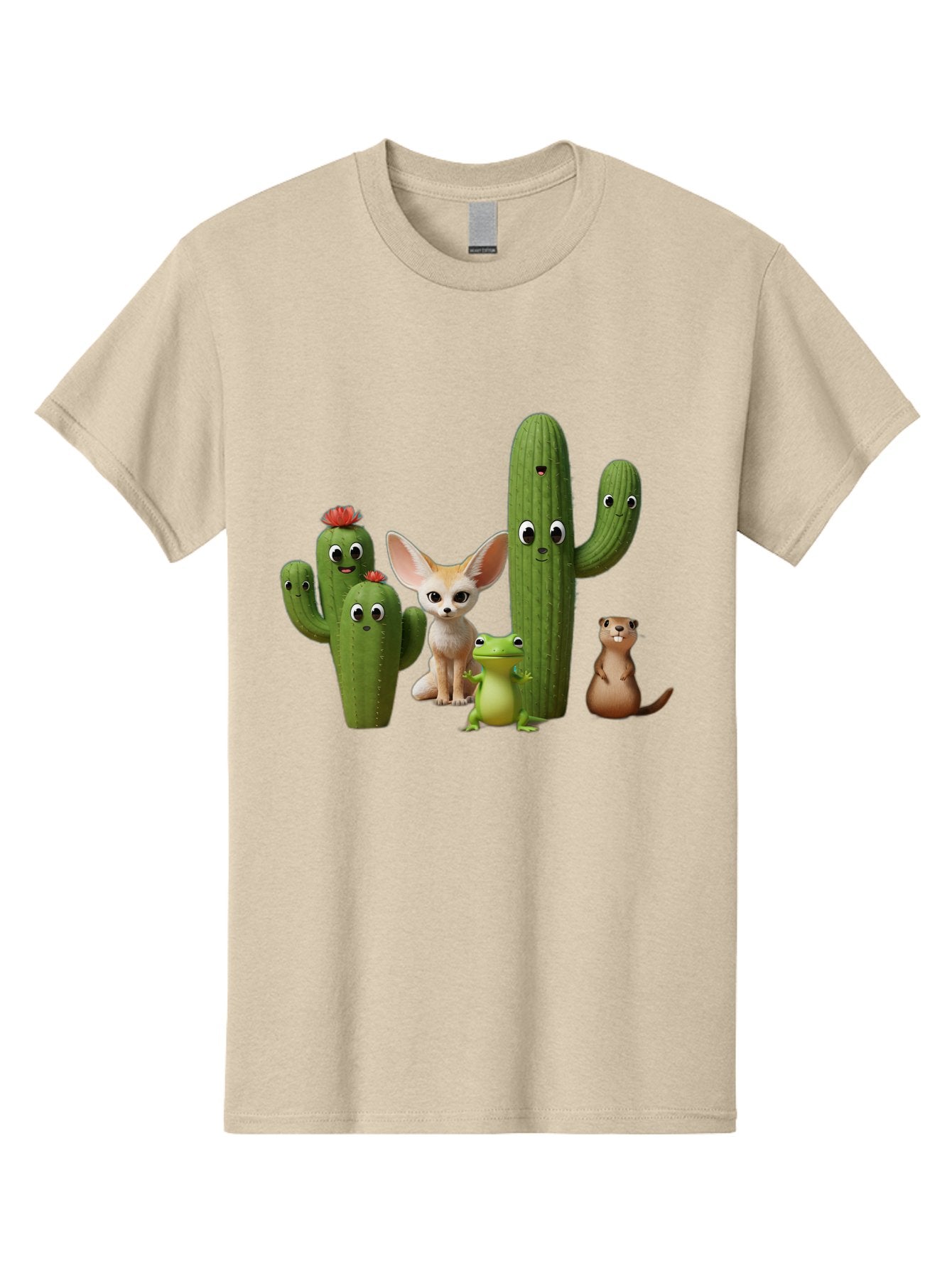Cartoon-Cactus-And-Animals Men'S Graphic Tee, 100% Cotton, Comfortable Casual Summer Wear, Machine Washable, Cartoon Cacti, 3D Illustration, Desert Animals, Cute Wildlife, Digital Artwork, Funny Characters, Cartoon Characters, Cactus Friends, Bac788 4