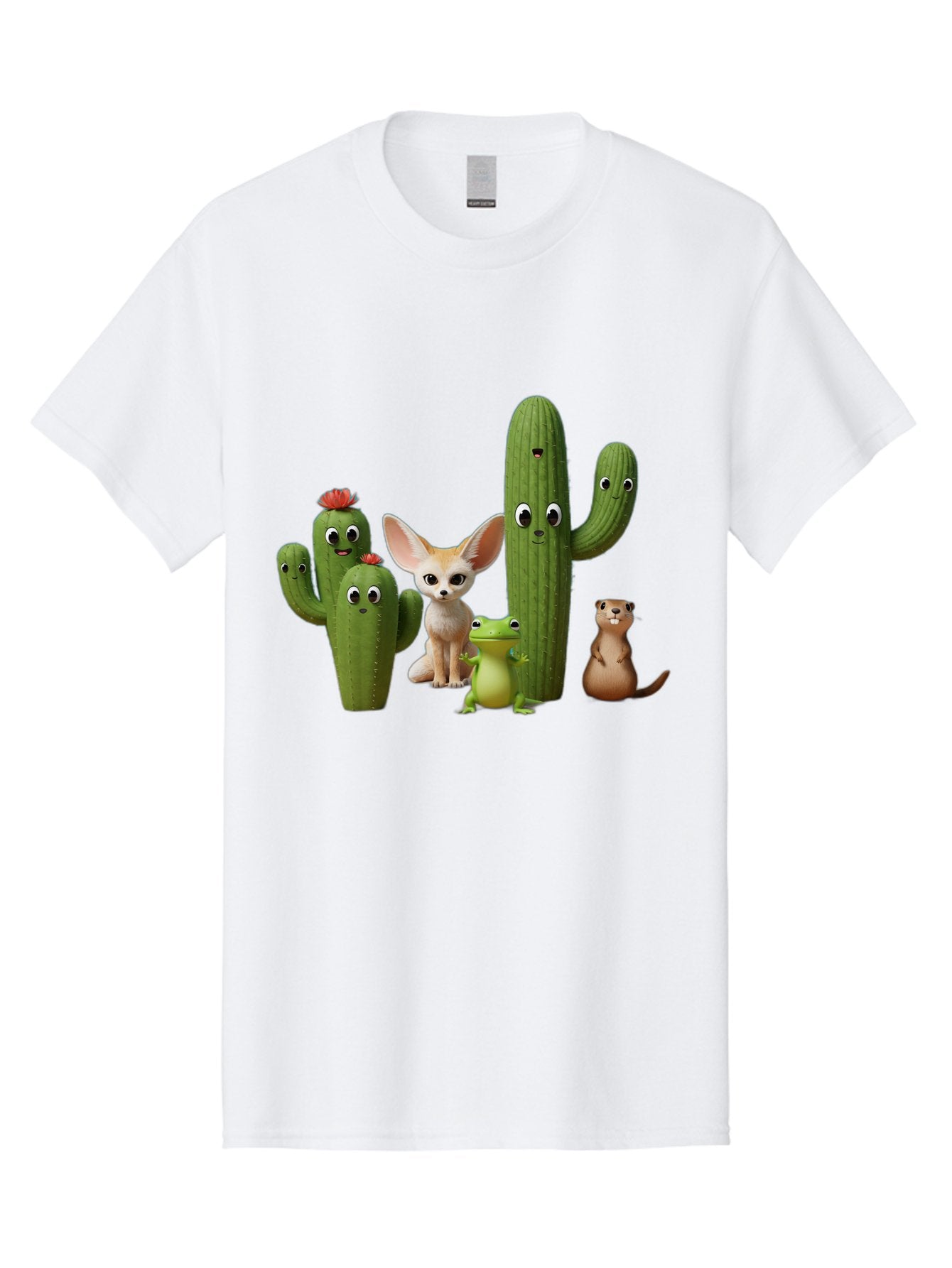 Cartoon-Cactus-And-Animals Men'S Graphic Tee, 100% Cotton, Comfortable Casual Summer Wear, Machine Washable, Cartoon Cacti, 3D Illustration, Desert Animals, Cute Wildlife, Digital Artwork, Funny Characters, Cartoon Characters, Cactus Friends, Bac788 6