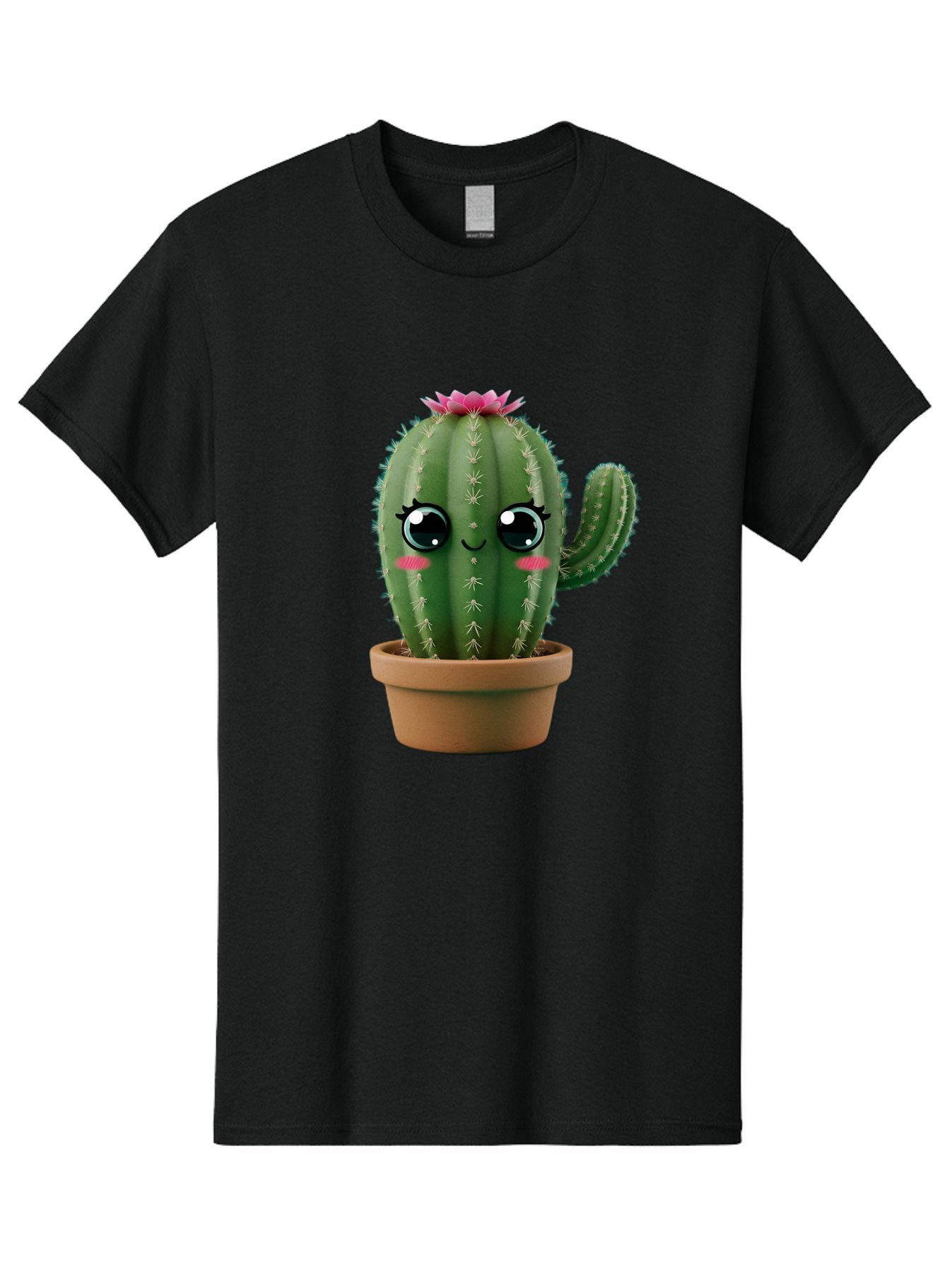 Cartoon-Cactus Men'S Graphic Tee, 100% Cotton, Comfortable Casual Summer Wear, Machine Washable, Cartoon Cactus, Potted Plant, Cute Desert Flora, Green Spiky Texture, Pink Flower, Smiling Face, Rosy Cheeks, Terracotta Pot, Kawaii Character, Bac789 4