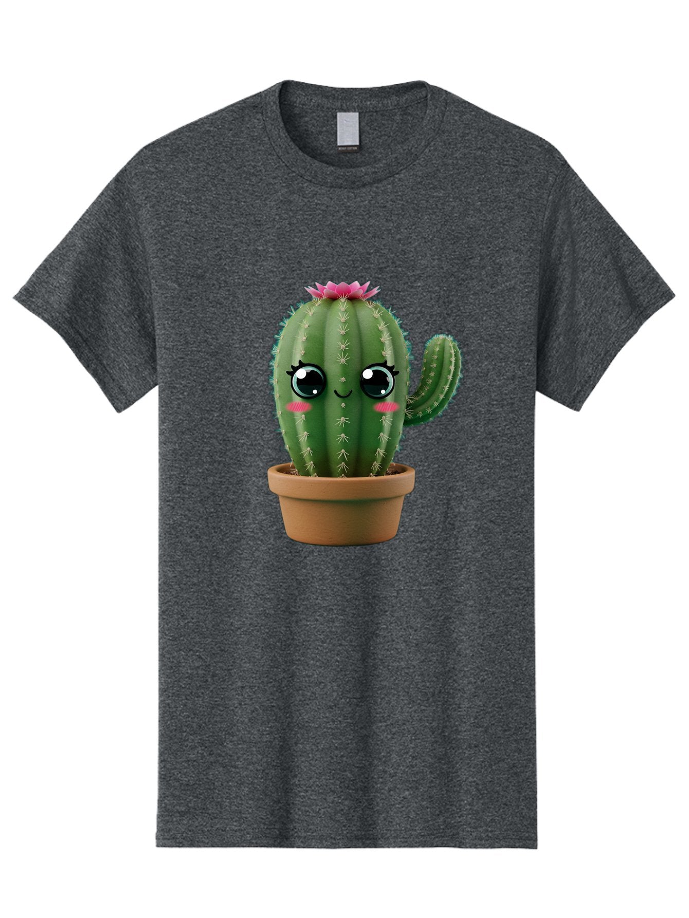 Cartoon-Cactus Men'S Graphic Tee, 100% Cotton, Comfortable Casual Summer Wear, Machine Washable, Cartoon Cactus, Potted Plant, Cute Desert Flora, Green Spiky Texture, Pink Flower, Smiling Face, Rosy Cheeks, Terracotta Pot, Kawaii Character, Bac789