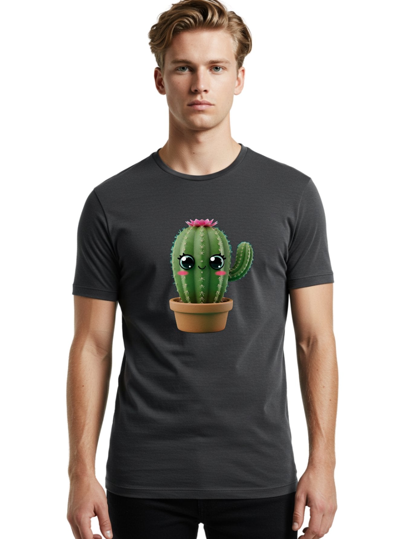 Cartoon-Cactus Men'S Graphic Tee, 100% Cotton, Comfortable Casual Summer Wear, Machine Washable, Cartoon Cactus, Potted Plant, Cute Desert Flora, Green Spiky Texture, Pink Flower, Smiling Face, Rosy Cheeks, Terracotta Pot, Kawaii Character, Bac789 19