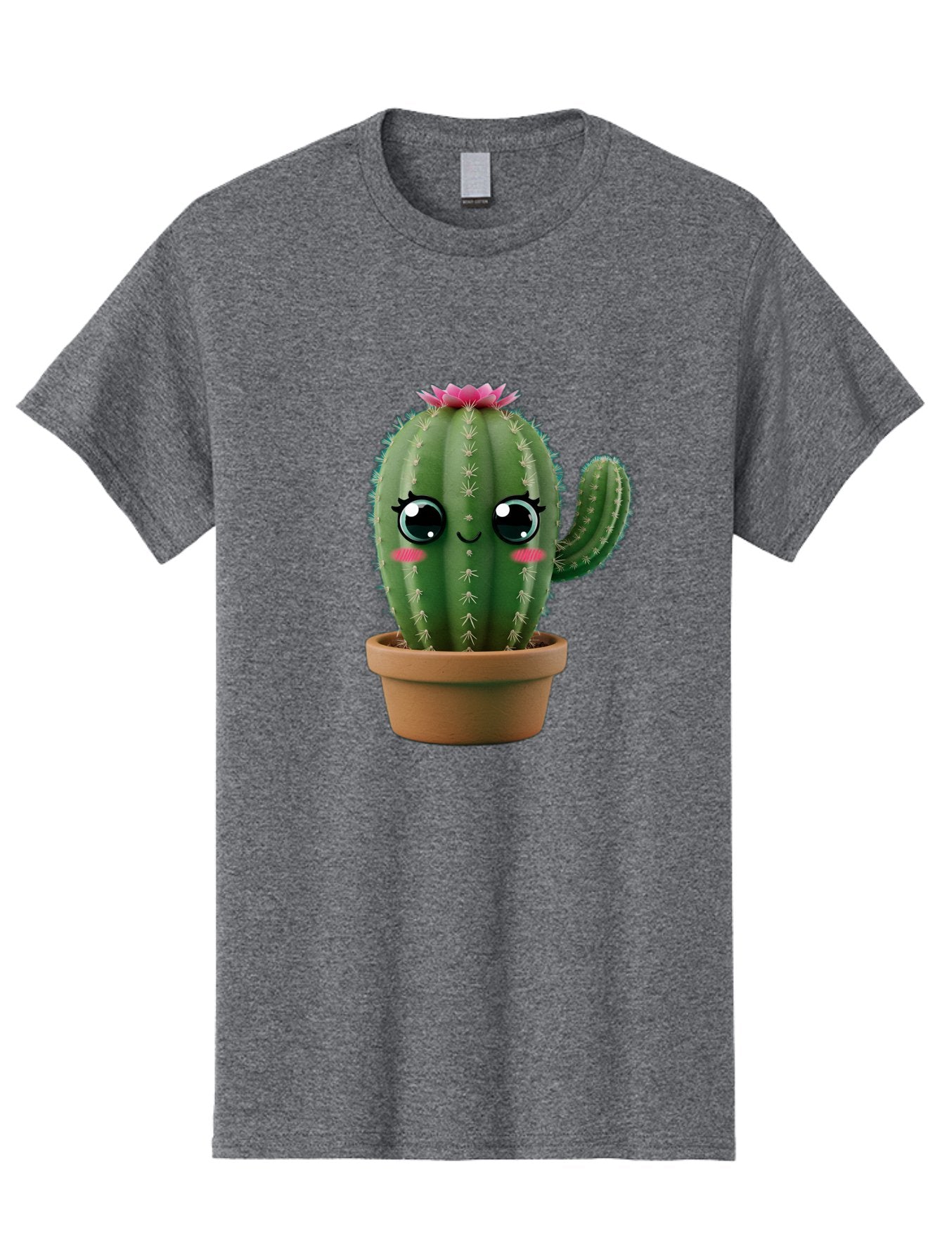 Cartoon-Cactus Men'S Graphic Tee, 100% Cotton, Comfortable Casual Summer Wear, Machine Washable, Cartoon Cactus, Potted Plant, Cute Desert Flora, Green Spiky Texture, Pink Flower, Smiling Face, Rosy Cheeks, Terracotta Pot, Kawaii Character, Bac789 11