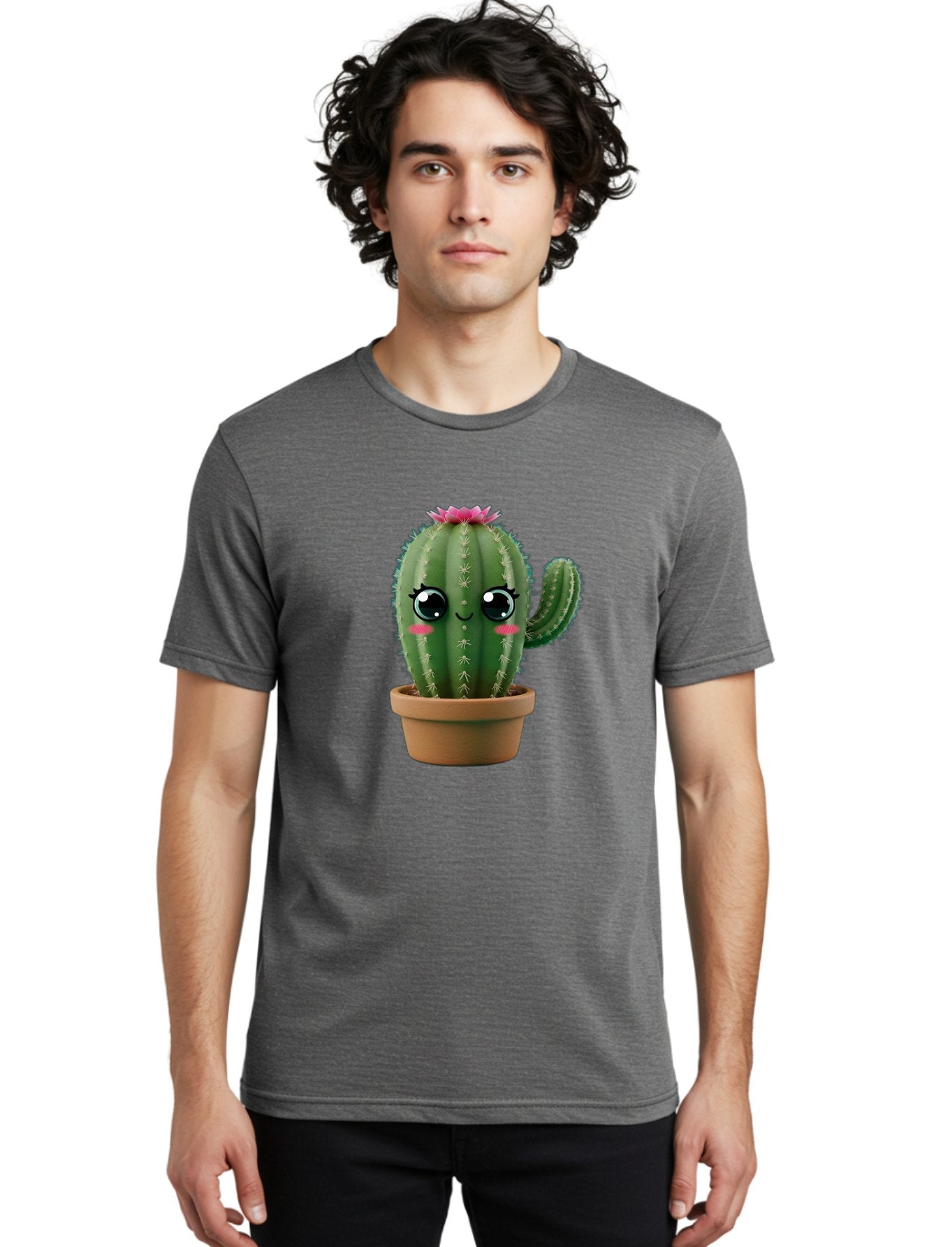 Cartoon-Cactus Men'S Graphic Tee, 100% Cotton, Comfortable Casual Summer Wear, Machine Washable, Cartoon Cactus, Potted Plant, Cute Desert Flora, Green Spiky Texture, Pink Flower, Smiling Face, Rosy Cheeks, Terracotta Pot, Kawaii Character, Bac789 27