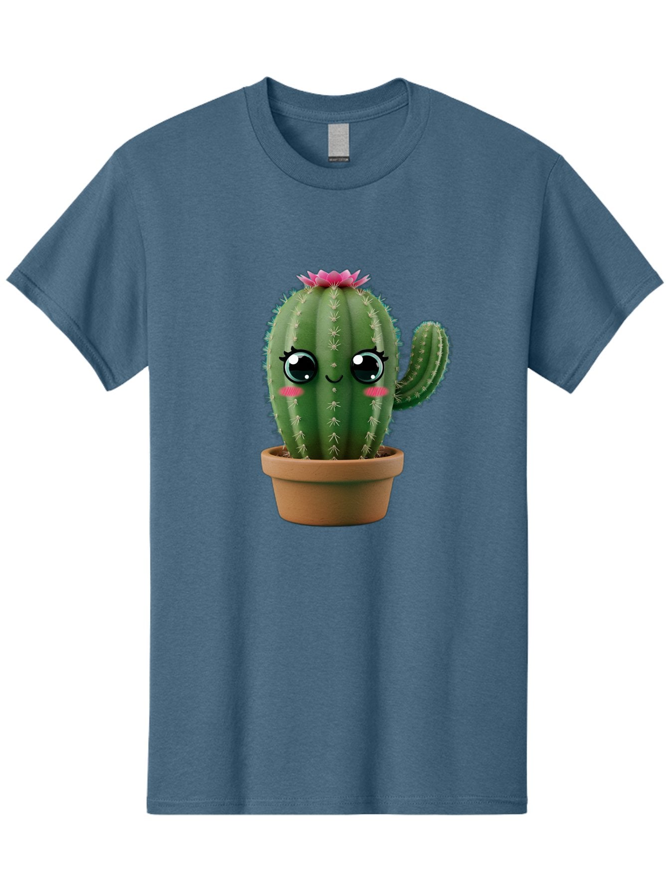 Cartoon-Cactus Men'S Graphic Tee, 100% Cotton, Comfortable Casual Summer Wear, Machine Washable, Cartoon Cactus, Potted Plant, Cute Desert Flora, Green Spiky Texture, Pink Flower, Smiling Face, Rosy Cheeks, Terracotta Pot, Kawaii Character, Bac789 12