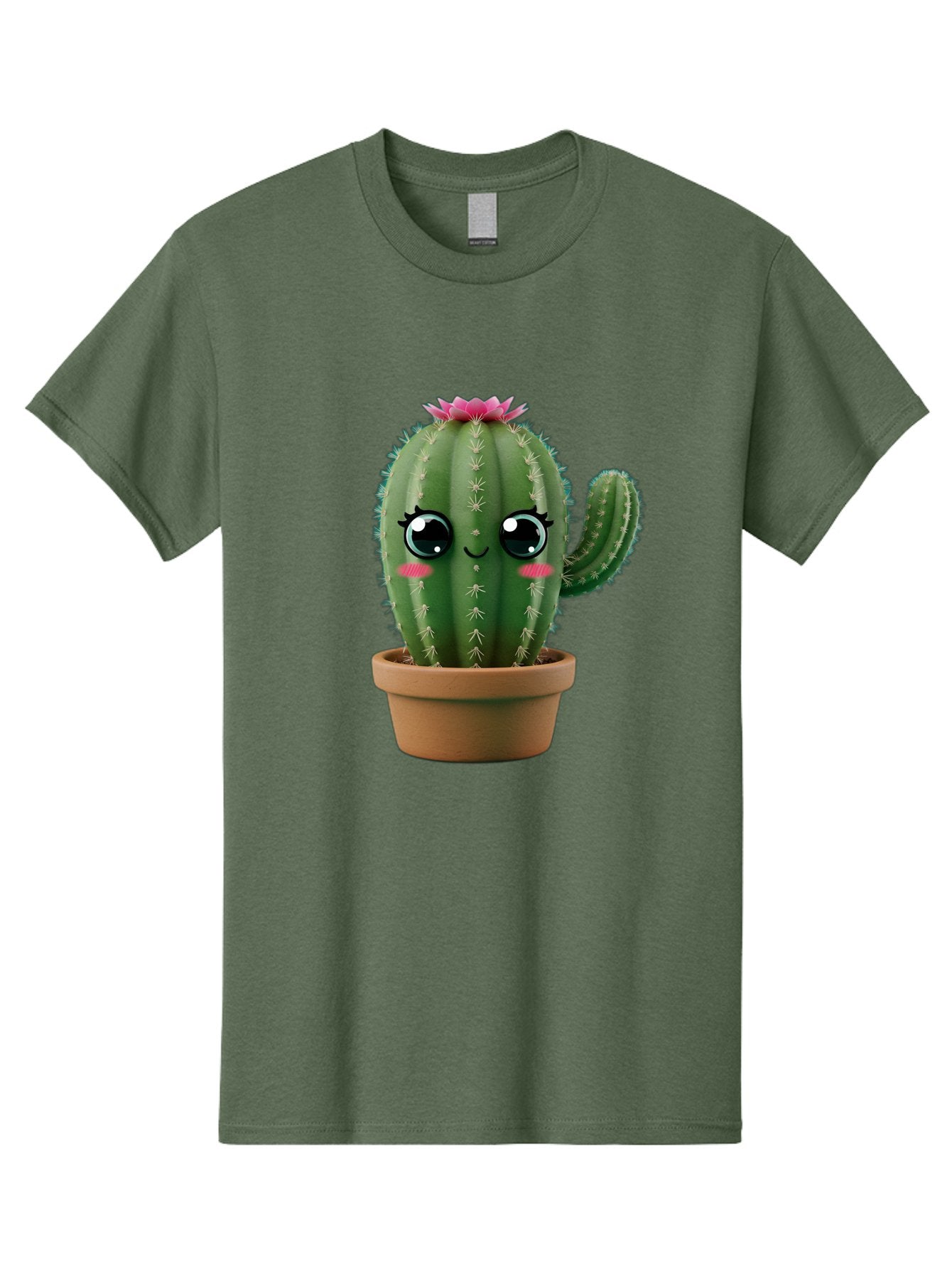 Cartoon-Cactus Men'S Graphic Tee, 100% Cotton, Comfortable Casual Summer Wear, Machine Washable, Cartoon Cactus, Potted Plant, Cute Desert Flora, Green Spiky Texture, Pink Flower, Smiling Face, Rosy Cheeks, Terracotta Pot, Kawaii Character, Bac789