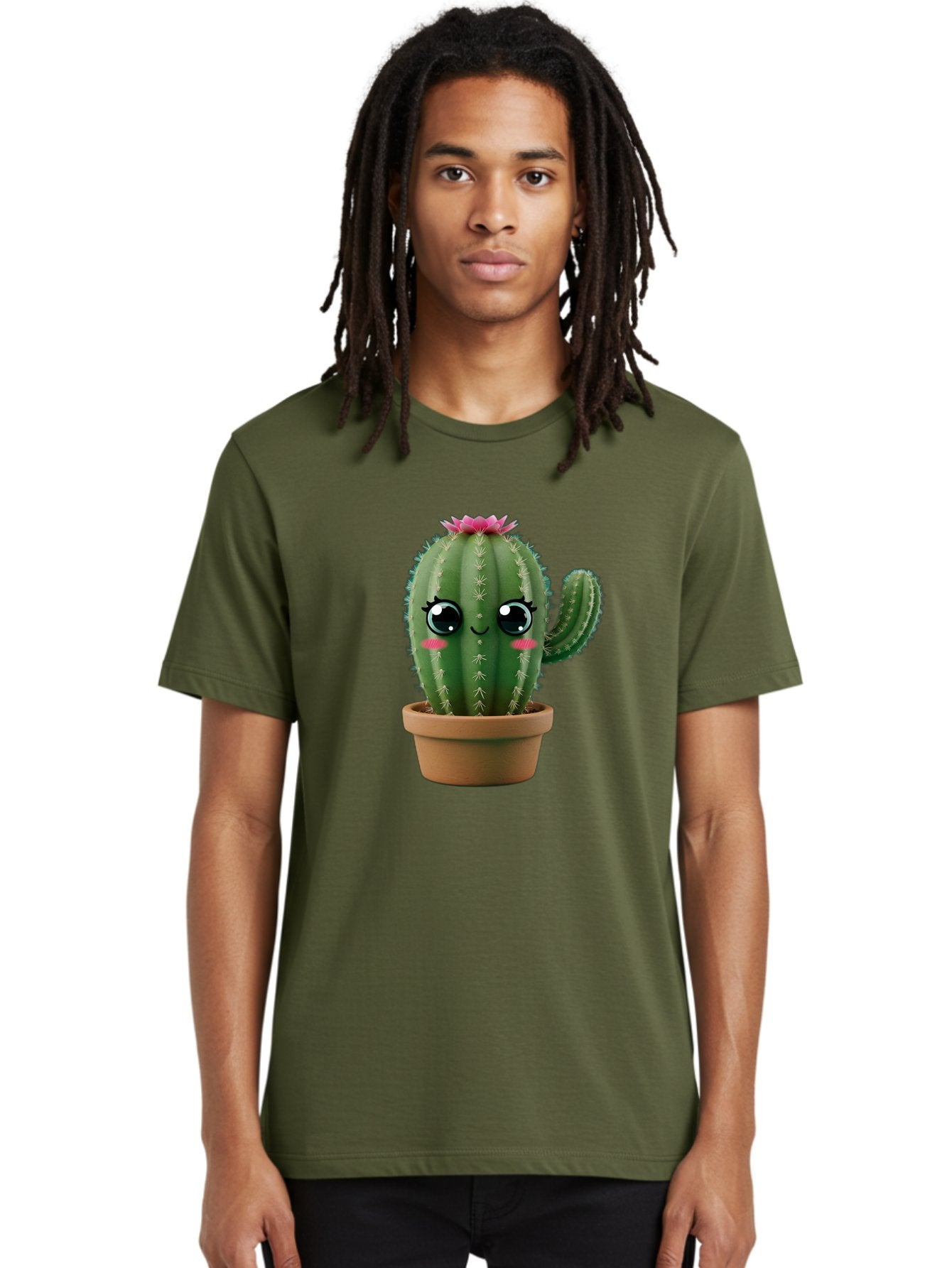 Cartoon-Cactus Men'S Graphic Tee, 100% Cotton, Comfortable Casual Summer Wear, Machine Washable, Cartoon Cactus, Potted Plant, Cute Desert Flora, Green Spiky Texture, Pink Flower, Smiling Face, Rosy Cheeks, Terracotta Pot, Kawaii Character, Bac789 21