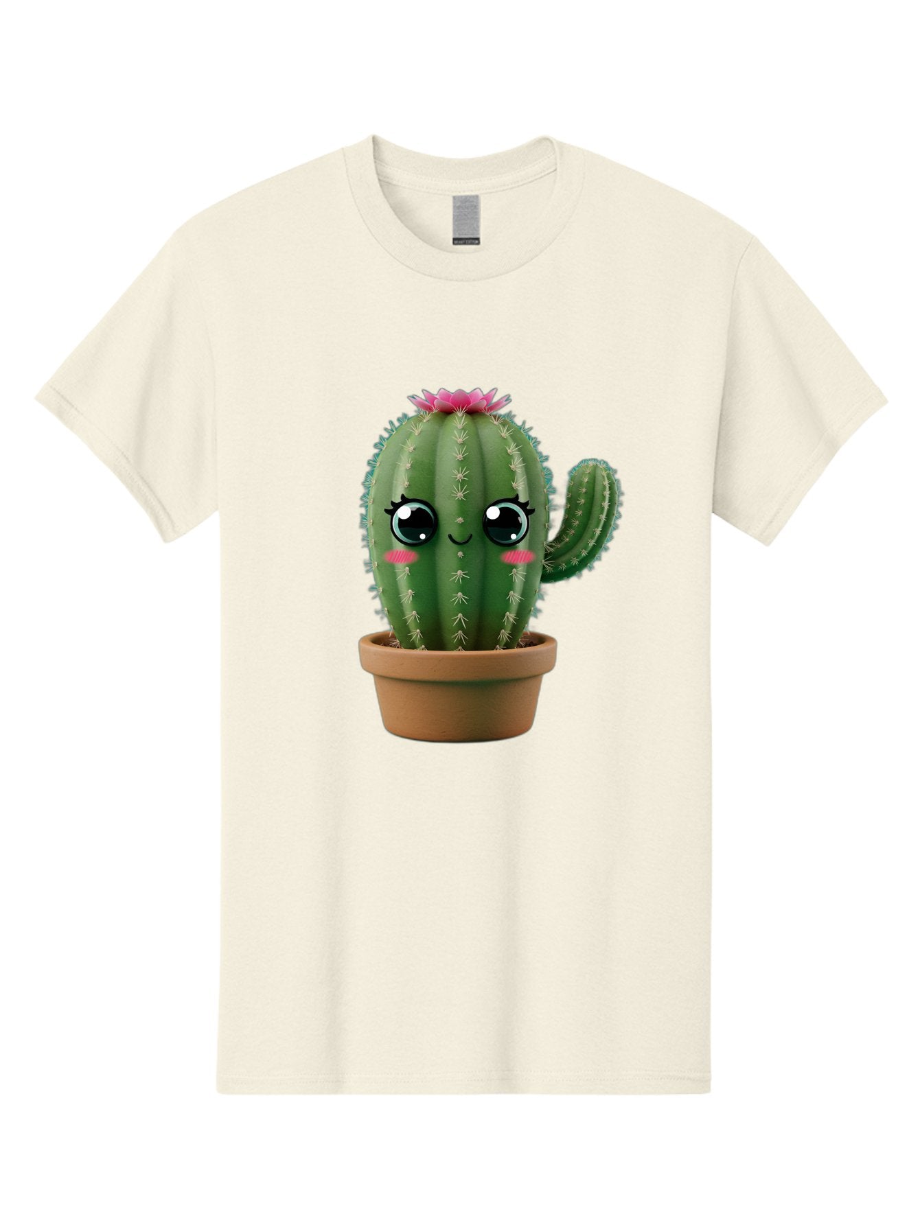 Cartoon-Cactus Men'S Graphic Tee, 100% Cotton, Comfortable Casual Summer Wear, Machine Washable, Cartoon Cactus, Potted Plant, Cute Desert Flora, Green Spiky Texture, Pink Flower, Smiling Face, Rosy Cheeks, Terracotta Pot, Kawaii Character, Bac789 3