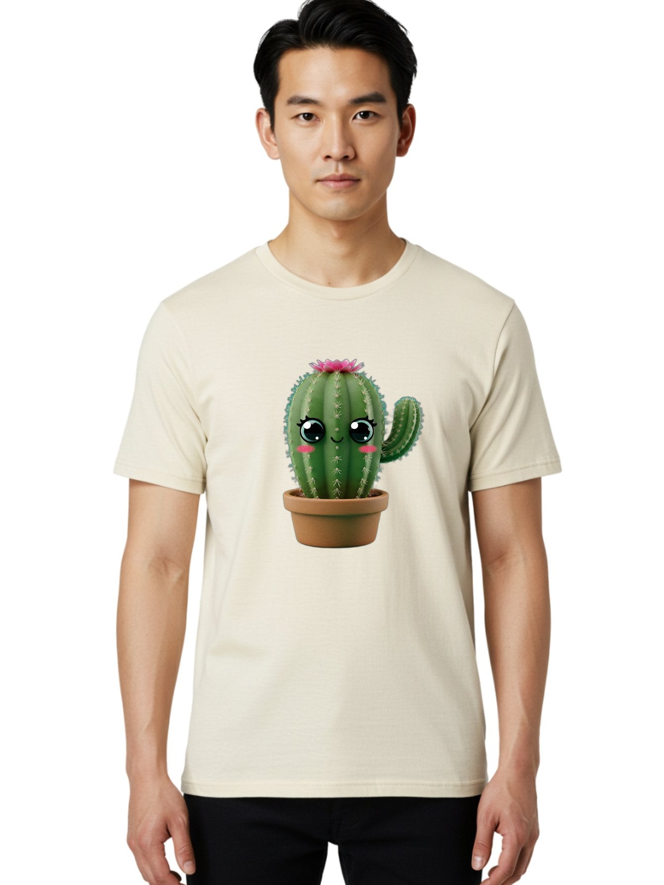Cartoon-Cactus Men'S Graphic Tee, 100% Cotton, Comfortable Casual Summer Wear, Machine Washable, Cartoon Cactus, Potted Plant, Cute Desert Flora, Green Spiky Texture, Pink Flower, Smiling Face, Rosy Cheeks, Terracotta Pot, Kawaii Character, Bac789 22