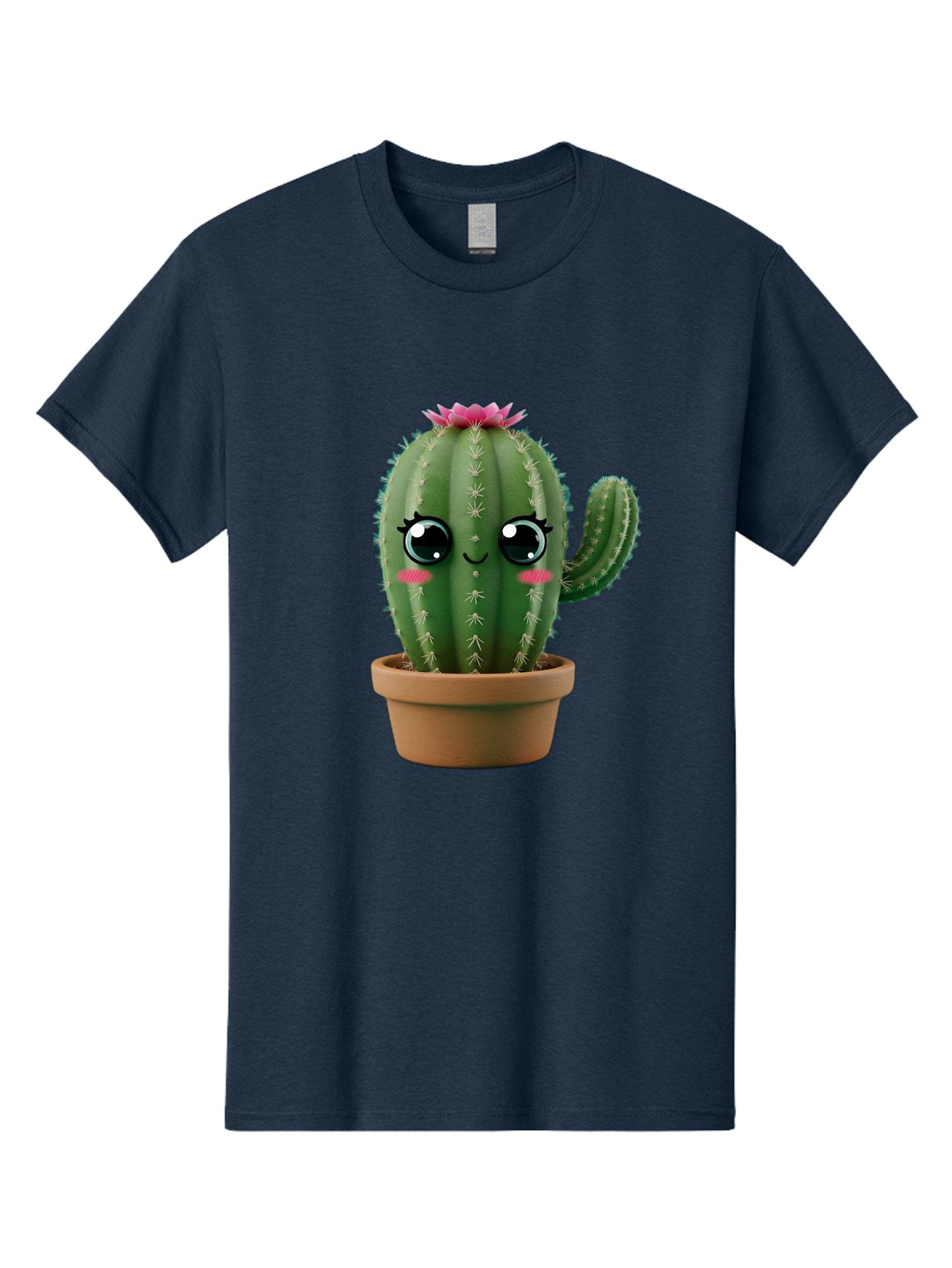 Cartoon-Cactus Men'S Graphic Tee, 100% Cotton, Comfortable Casual Summer Wear, Machine Washable, Cartoon Cactus, Potted Plant, Cute Desert Flora, Green Spiky Texture, Pink Flower, Smiling Face, Rosy Cheeks, Terracotta Pot, Kawaii Character, Bac789 7