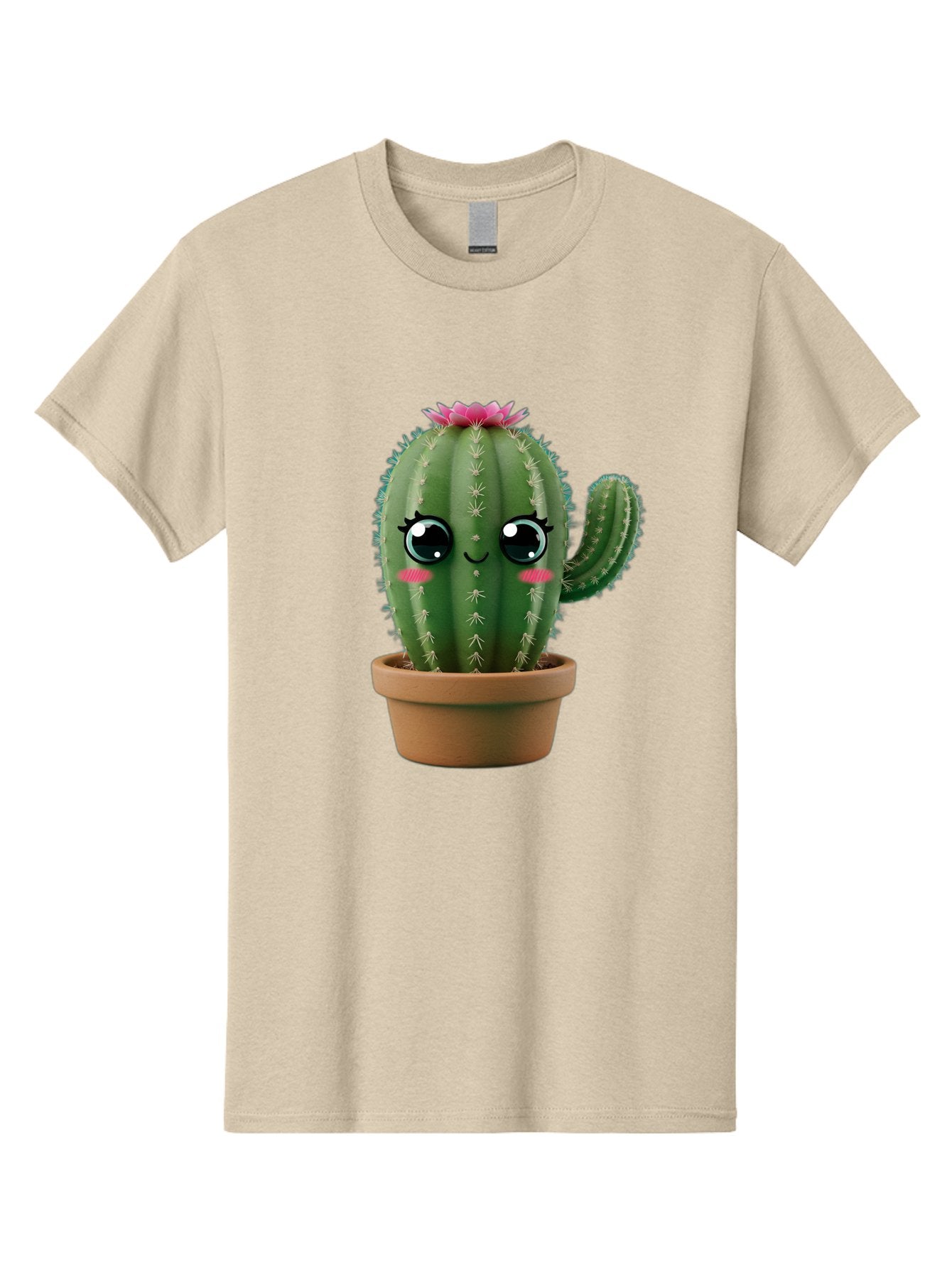 Cartoon-Cactus Men'S Graphic Tee, 100% Cotton, Comfortable Casual Summer Wear, Machine Washable, Cartoon Cactus, Potted Plant, Cute Desert Flora, Green Spiky Texture, Pink Flower, Smiling Face, Rosy Cheeks, Terracotta Pot, Kawaii Character, Bac789 9