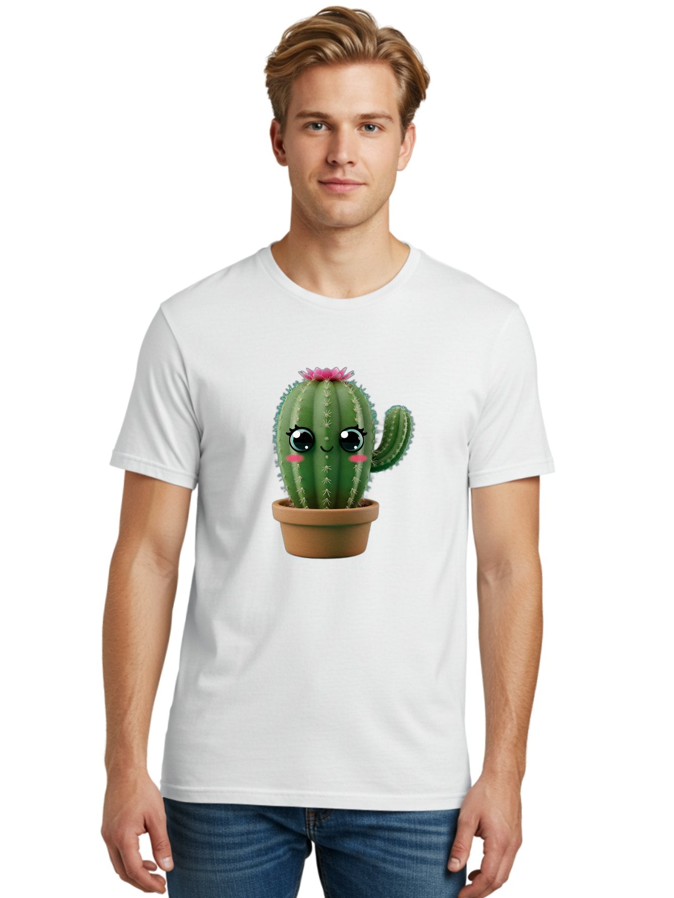 Cartoon-Cactus Men'S Graphic Tee, 100% Cotton, Comfortable Casual Summer Wear, Machine Washable, Cartoon Cactus, Potted Plant, Cute Desert Flora, Green Spiky Texture, Pink Flower, Smiling Face, Rosy Cheeks, Terracotta Pot, Kawaii Character, Bac789 29