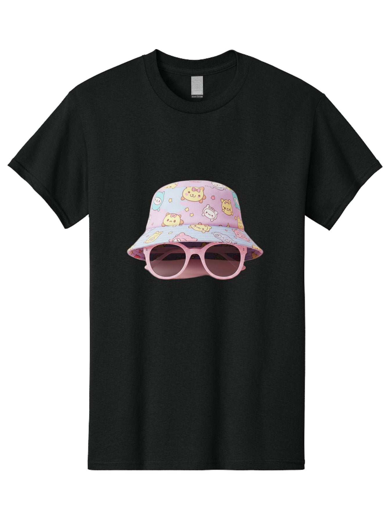 Cartoon-Character-Bucket-Hat Men'S Graphic Tee, 100% Cotton, Comfortable Casual Summer Wear, Machine Washable, Pastel-Colored Hat, Cartoon Characters, Kawaii Fashion, Pink Sunglasses, Trendy Accessories, Cute Design, Fashion Statement, Bac790 10