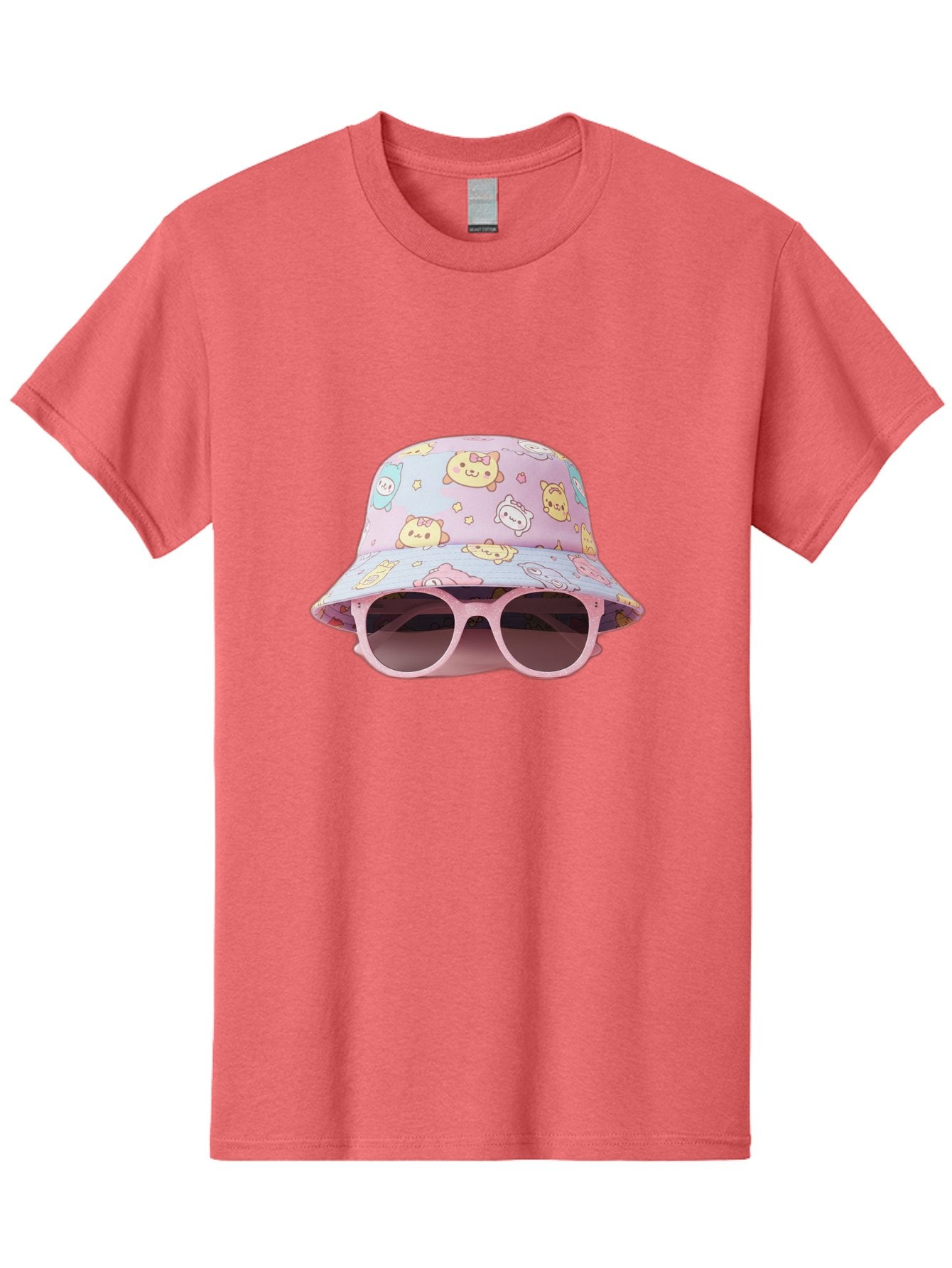 Cartoon-Character-Bucket-Hat Men'S Graphic Tee, 100% Cotton, Comfortable Casual Summer Wear, Machine Washable, Pastel-Colored Hat, Cartoon Characters, Kawaii Fashion, Pink Sunglasses, Trendy Accessories, Cute Design, Fashion Statement, Bac790 5