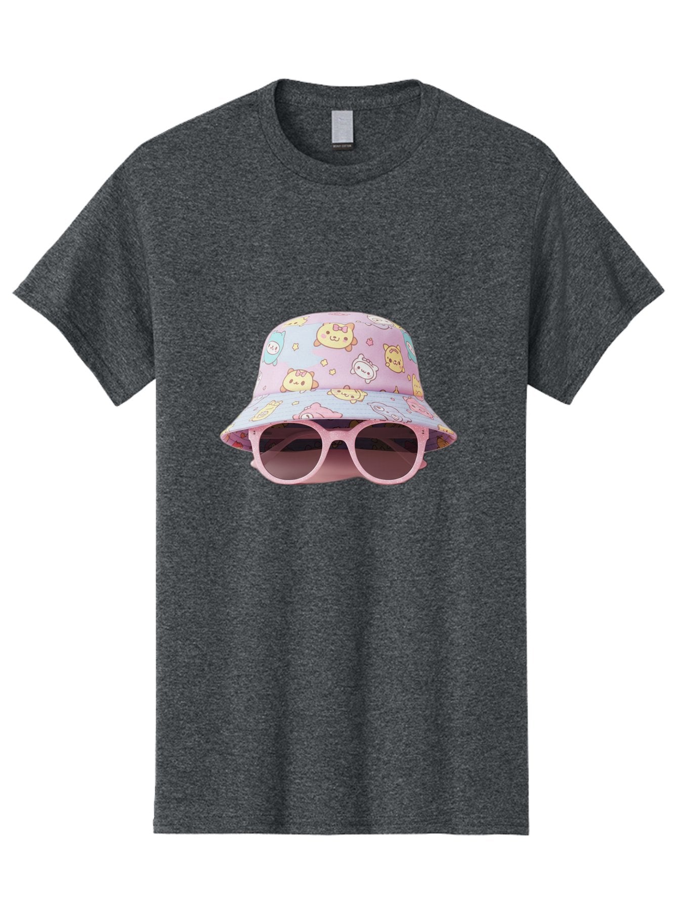 Cartoon-Character-Bucket-Hat Men'S Graphic Tee, 100% Cotton, Comfortable Casual Summer Wear, Machine Washable, Pastel-Colored Hat, Cartoon Characters, Kawaii Fashion, Pink Sunglasses, Trendy Accessories, Cute Design, Fashion Statement, Bac790 15