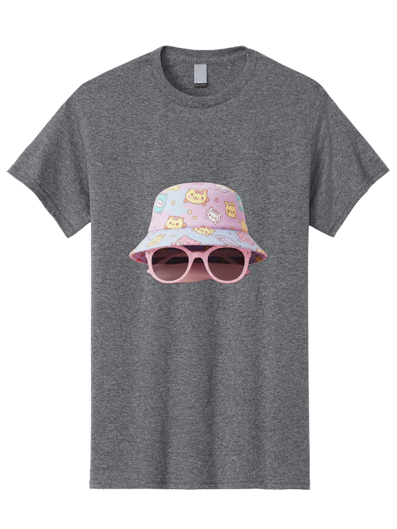 Cartoon-Character-Bucket-Hat Men'S Graphic Tee, 100% Cotton, Comfortable Casual Summer Wear, Machine Washable, Pastel-Colored Hat, Cartoon Characters, Kawaii Fashion, Pink Sunglasses, Trendy Accessories, Cute Design, Fashion Statement, Bac790 3
