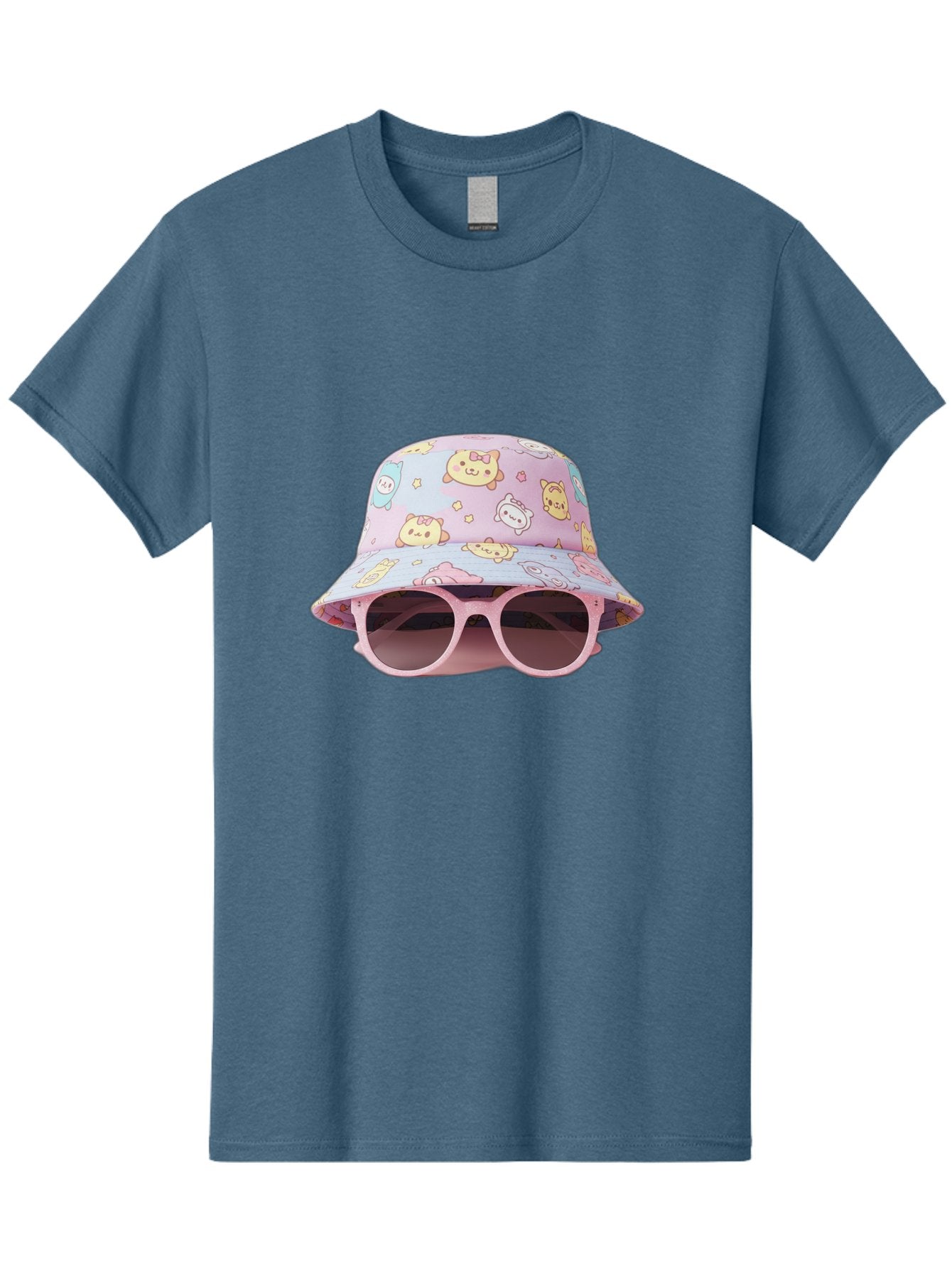Cartoon-Character-Bucket-Hat Men'S Graphic Tee, 100% Cotton, Comfortable Casual Summer Wear, Machine Washable, Pastel-Colored Hat, Cartoon Characters, Kawaii Fashion, Pink Sunglasses, Trendy Accessories, Cute Design, Fashion Statement, Bac790