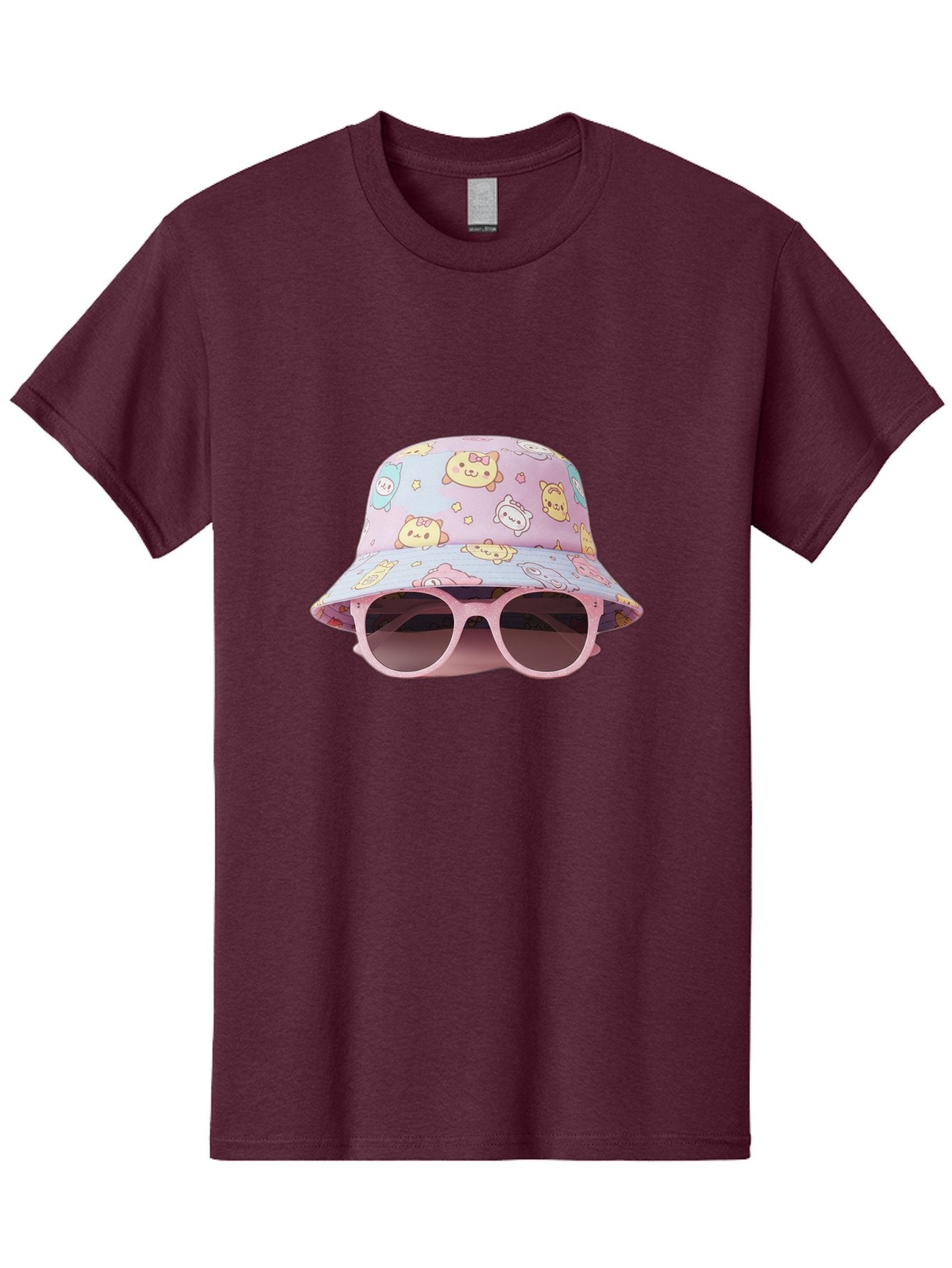 Cartoon-Character-Bucket-Hat Men'S Graphic Tee, 100% Cotton, Comfortable Casual Summer Wear, Machine Washable, Pastel-Colored Hat, Cartoon Characters, Kawaii Fashion, Pink Sunglasses, Trendy Accessories, Cute Design, Fashion Statement, Bac790 12