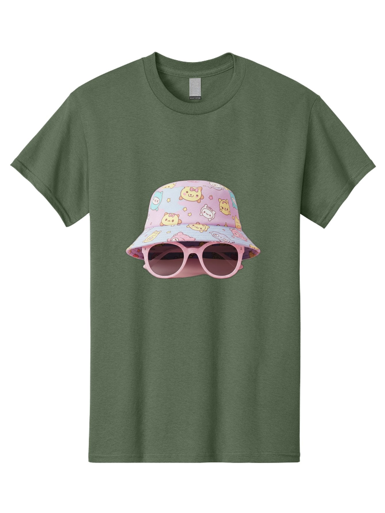 Cartoon-Character-Bucket-Hat Men'S Graphic Tee, 100% Cotton, Comfortable Casual Summer Wear, Machine Washable, Pastel-Colored Hat, Cartoon Characters, Kawaii Fashion, Pink Sunglasses, Trendy Accessories, Cute Design, Fashion Statement, Bac790 14