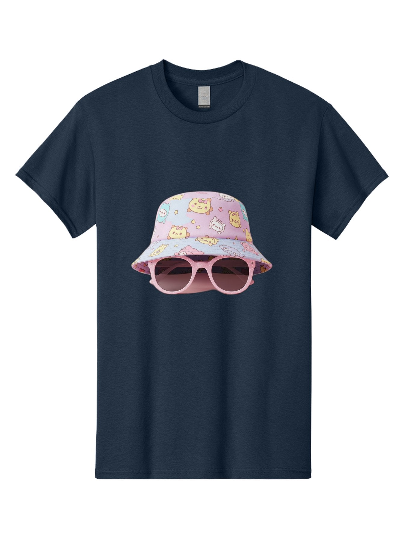 Cartoon-Character-Bucket-Hat Men'S Graphic Tee, 100% Cotton, Comfortable Casual Summer Wear, Machine Washable, Pastel-Colored Hat, Cartoon Characters, Kawaii Fashion, Pink Sunglasses, Trendy Accessories, Cute Design, Fashion Statement, Bac790 6