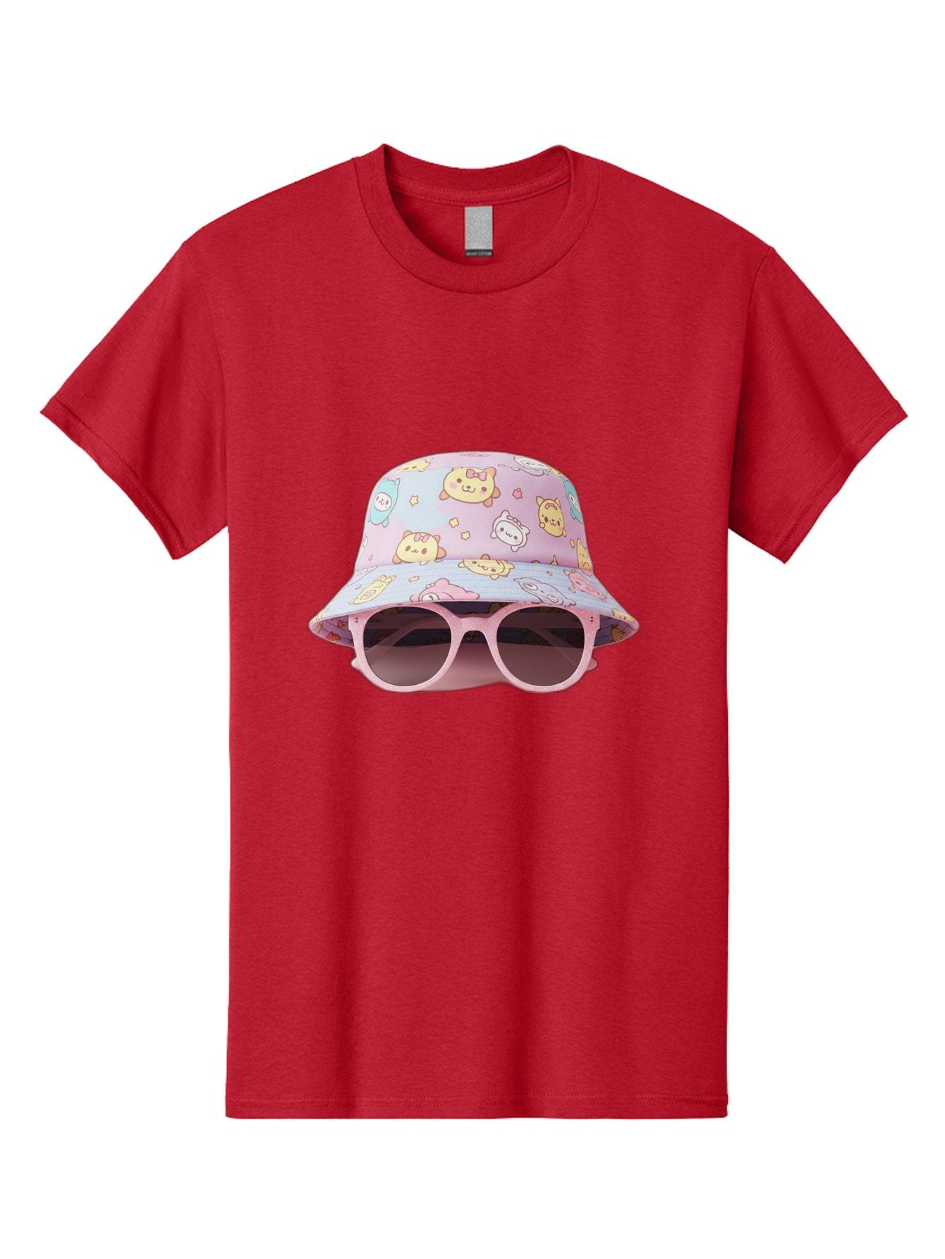 Cartoon-Character-Bucket-Hat Men'S Graphic Tee, 100% Cotton, Comfortable Casual Summer Wear, Machine Washable, Pastel-Colored Hat, Cartoon Characters, Kawaii Fashion, Pink Sunglasses, Trendy Accessories, Cute Design, Fashion Statement, Bac790 11