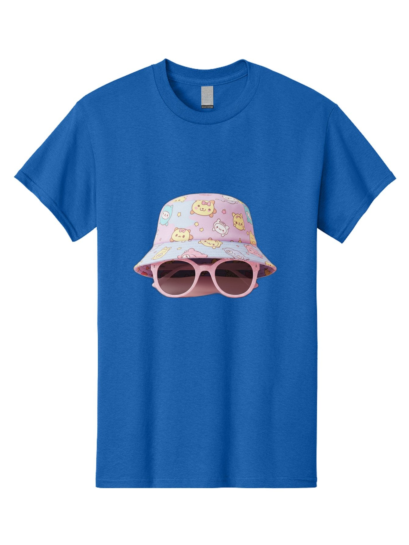 Cartoon-Character-Bucket-Hat Men'S Graphic Tee, 100% Cotton, Comfortable Casual Summer Wear, Machine Washable, Pastel-Colored Hat, Cartoon Characters, Kawaii Fashion, Pink Sunglasses, Trendy Accessories, Cute Design, Fashion Statement, Bac790 7