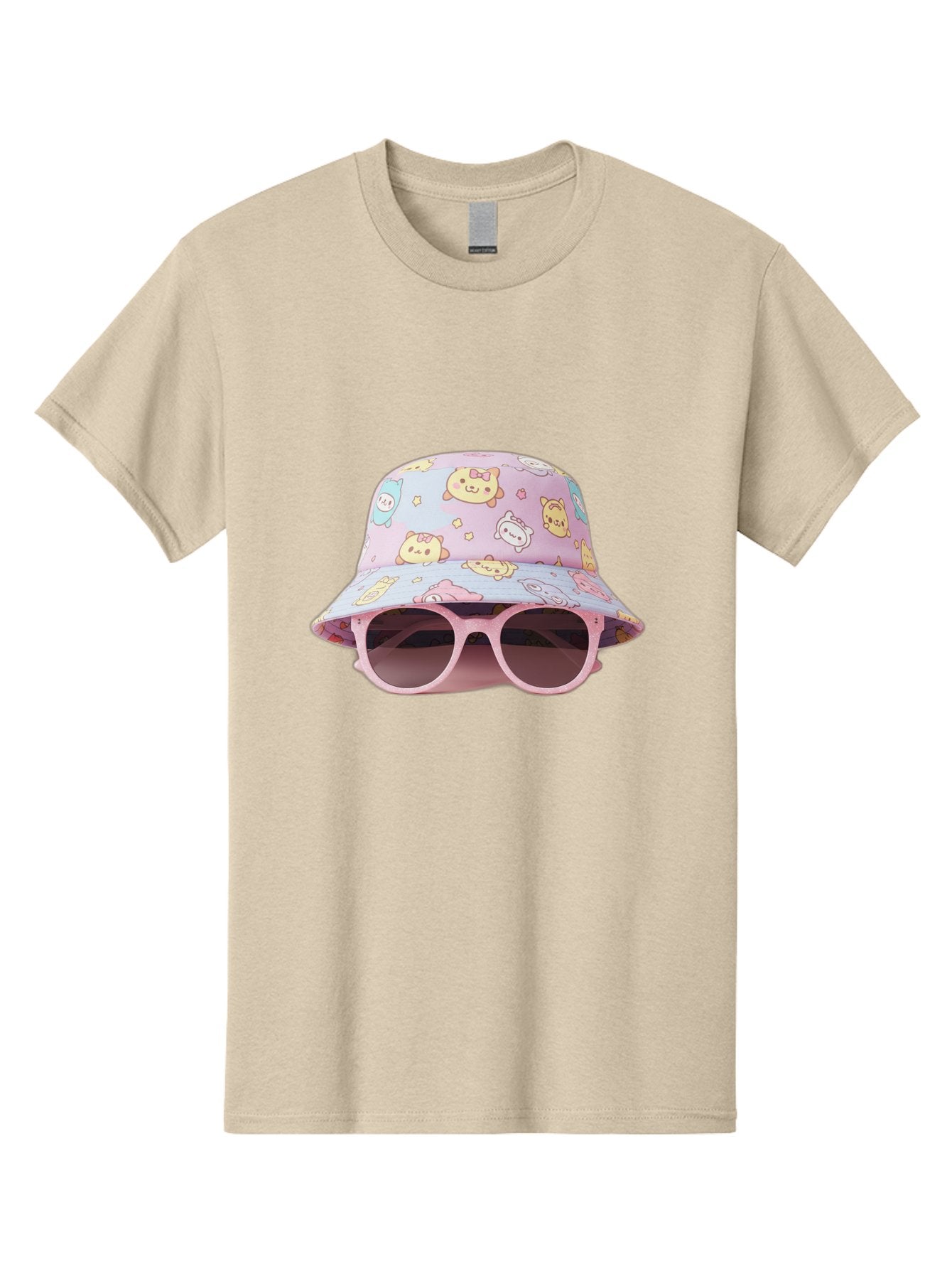 Cartoon-Character-Bucket-Hat Men'S Graphic Tee, 100% Cotton, Comfortable Casual Summer Wear, Machine Washable, Pastel-Colored Hat, Cartoon Characters, Kawaii Fashion, Pink Sunglasses, Trendy Accessories, Cute Design, Fashion Statement, Bac790 13