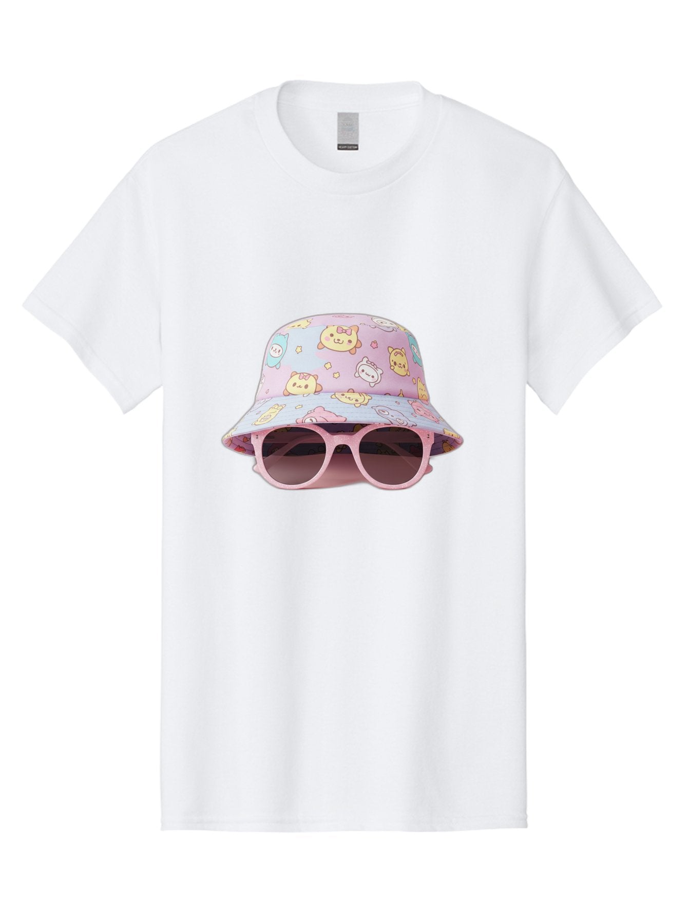 Cartoon-Character-Bucket-Hat Men'S Graphic Tee, 100% Cotton, Comfortable Casual Summer Wear, Machine Washable, Pastel-Colored Hat, Cartoon Characters, Kawaii Fashion, Pink Sunglasses, Trendy Accessories, Cute Design, Fashion Statement, Bac790 8