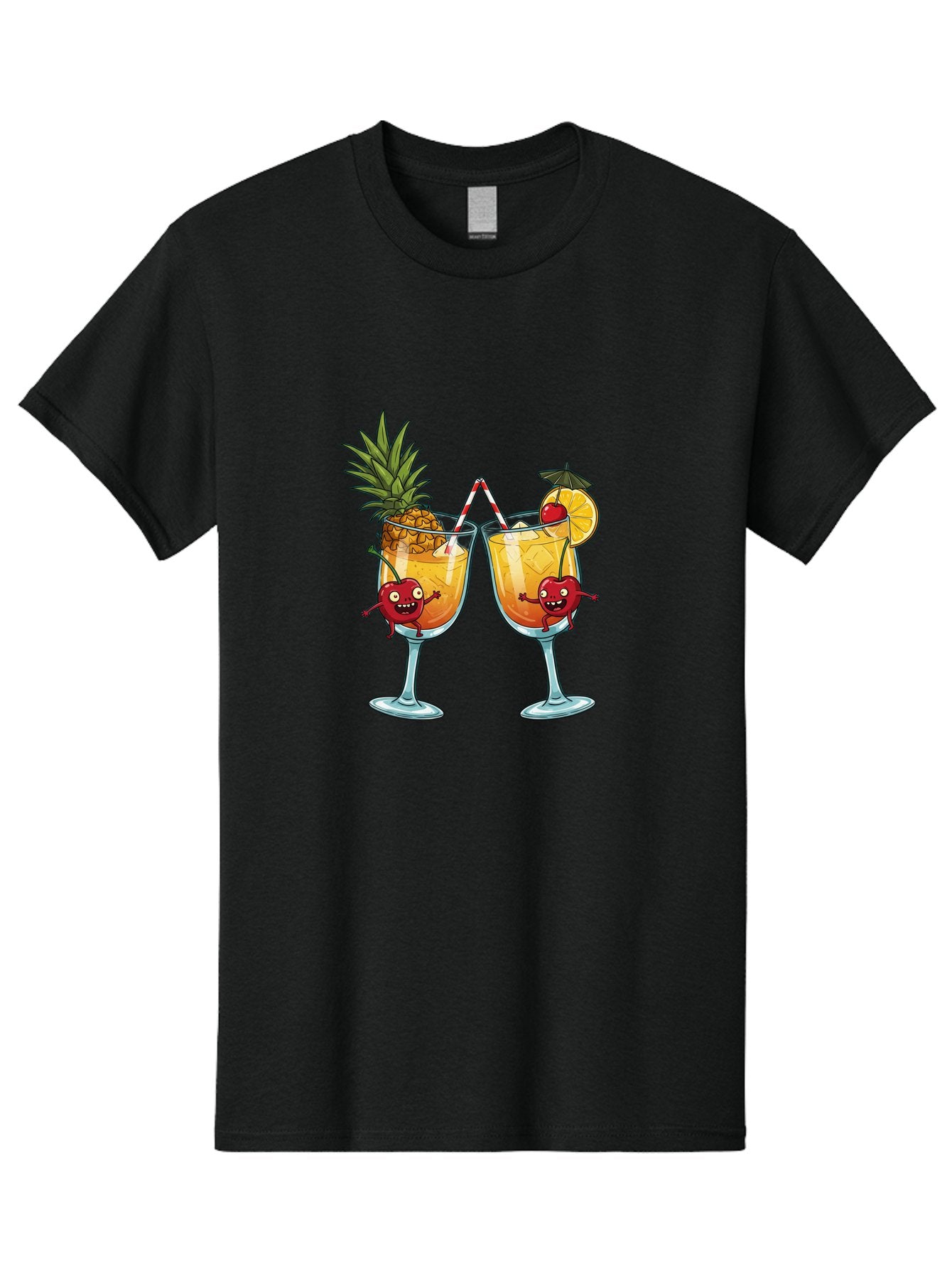 Cartoon-Cocktails Men'S Graphic Tee, 100% Cotton, Comfortable Casual Summer Wear, Machine Washable, Tropical Cocktails, Happy Red Hearts, Cartoon Characters, Pineapple And Orange Garnishes, Striped Straw, Refreshing Drinks, Summertime Vibes, Bac791 5