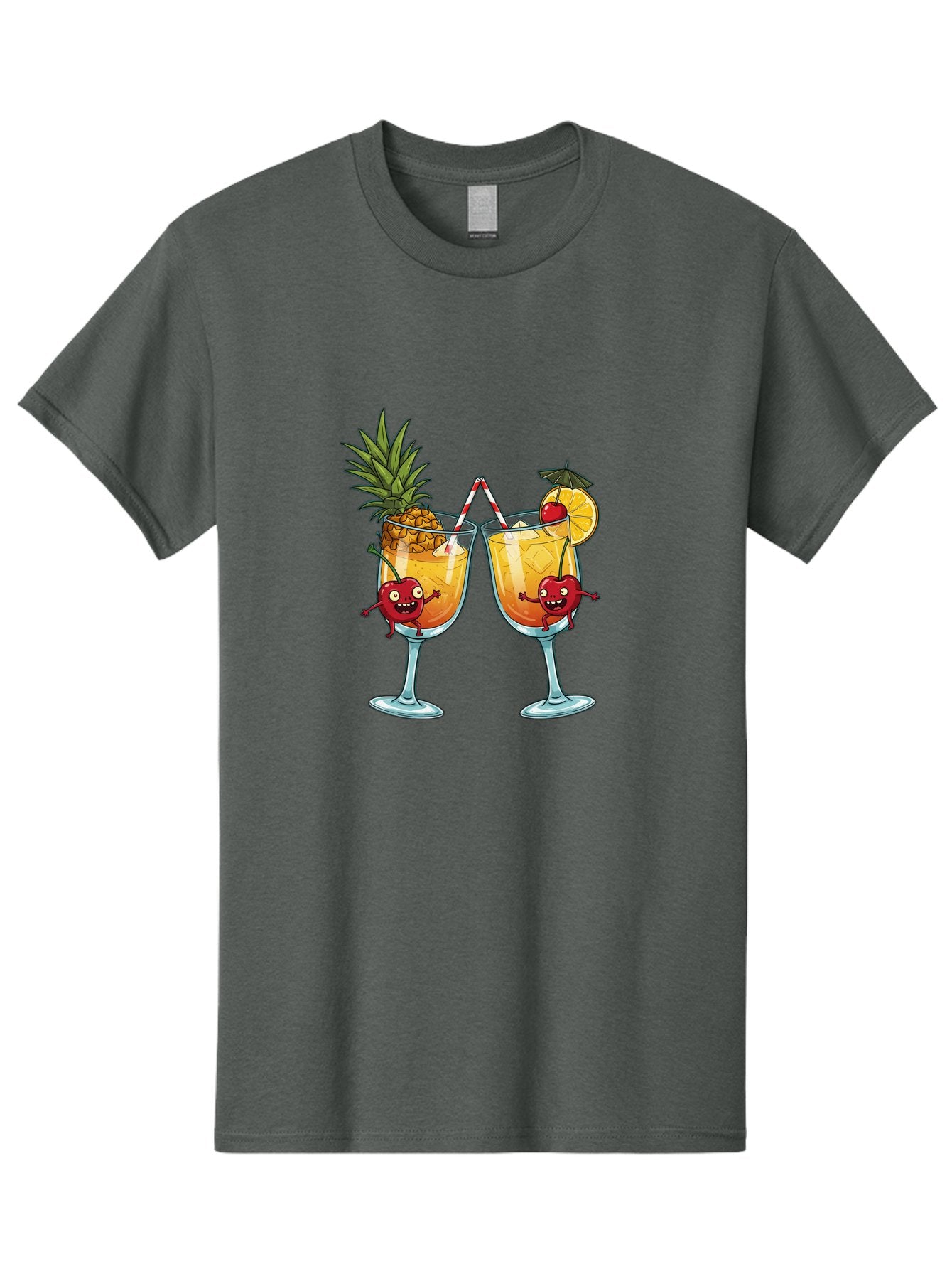 Cartoon-Cocktails Men'S Graphic Tee, 100% Cotton, Comfortable Casual Summer Wear, Machine Washable, Tropical Cocktails, Happy Red Hearts, Cartoon Characters, Pineapple And Orange Garnishes, Striped Straw, Refreshing Drinks, Summertime Vibes, Bac791 4
