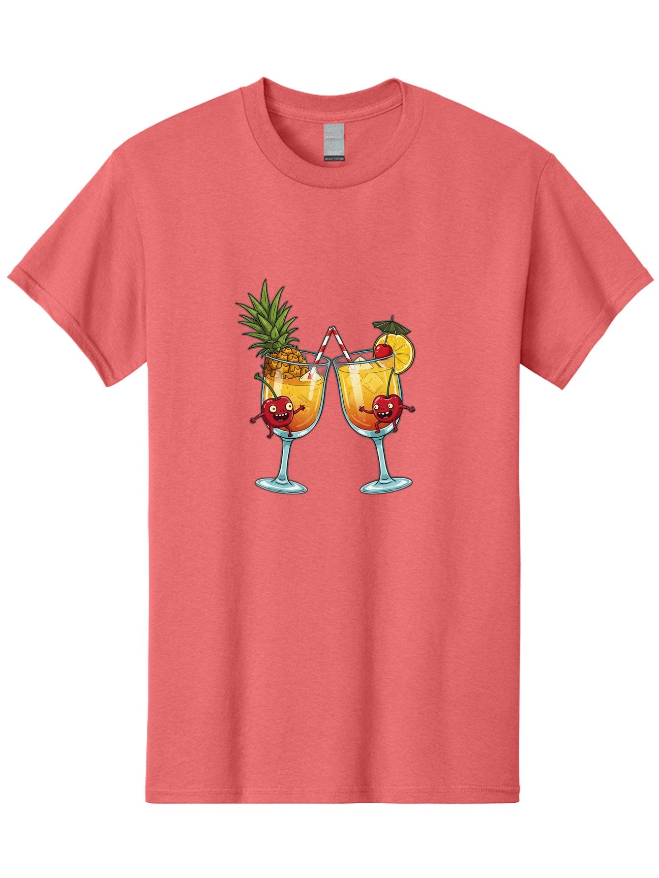 Cartoon-Cocktails Men'S Graphic Tee, 100% Cotton, Comfortable Casual Summer Wear, Machine Washable, Tropical Cocktails, Happy Red Hearts, Cartoon Characters, Pineapple And Orange Garnishes, Striped Straw, Refreshing Drinks, Summertime Vibes, Bac791 3