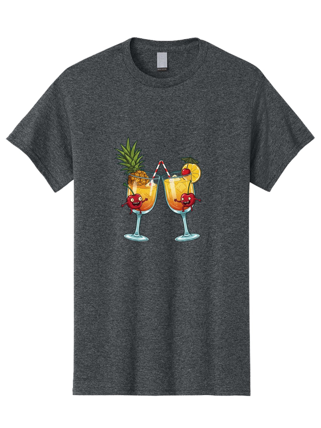 Cartoon-Cocktails Men'S Graphic Tee, 100% Cotton, Comfortable Casual Summer Wear, Machine Washable, Tropical Cocktails, Happy Red Hearts, Cartoon Characters, Pineapple And Orange Garnishes, Striped Straw, Refreshing Drinks, Summertime Vibes, Bac791 14