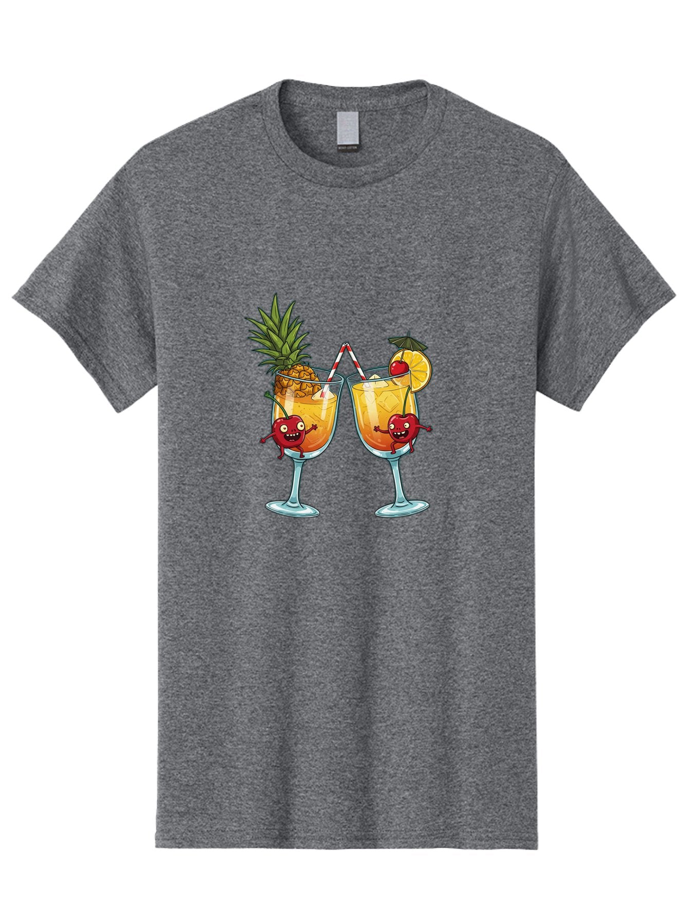 Cartoon-Cocktails Men'S Graphic Tee, 100% Cotton, Comfortable Casual Summer Wear, Machine Washable, Tropical Cocktails, Happy Red Hearts, Cartoon Characters, Pineapple And Orange Garnishes, Striped Straw, Refreshing Drinks, Summertime Vibes, Bac791 13