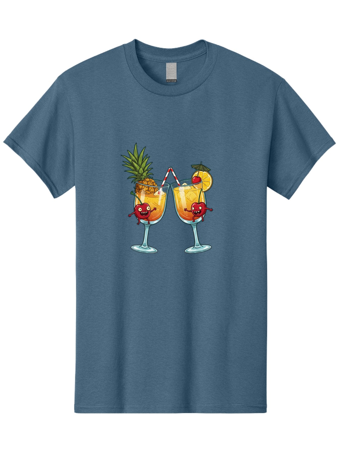 Cartoon-Cocktails Men'S Graphic Tee, 100% Cotton, Comfortable Casual Summer Wear, Machine Washable, Tropical Cocktails, Happy Red Hearts, Cartoon Characters, Pineapple And Orange Garnishes, Striped Straw, Refreshing Drinks, Summertime Vibes, Bac791 6
