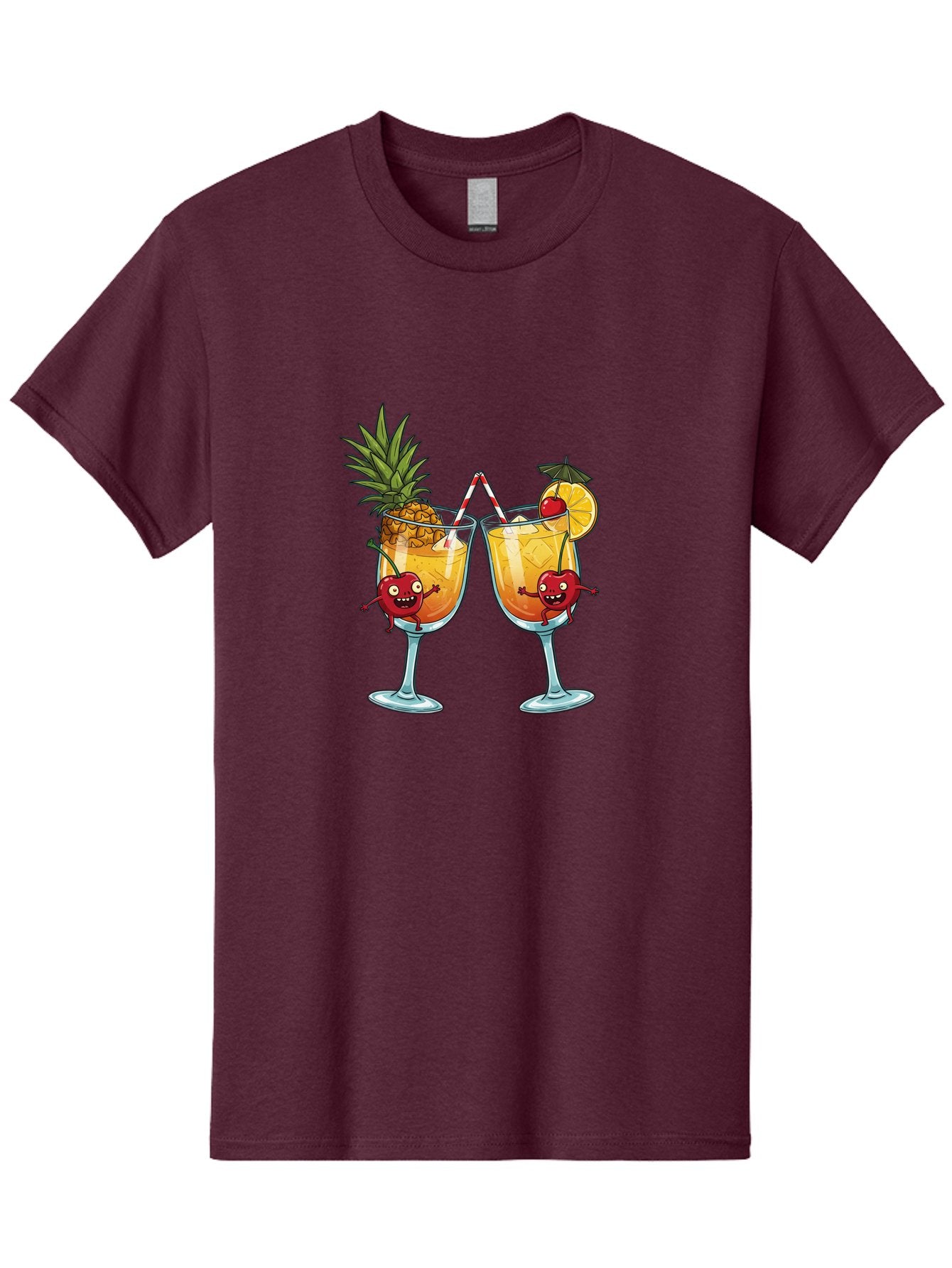 Cartoon-Cocktails Men'S Graphic Tee, 100% Cotton, Comfortable Casual Summer Wear, Machine Washable, Tropical Cocktails, Happy Red Hearts, Cartoon Characters, Pineapple And Orange Garnishes, Striped Straw, Refreshing Drinks, Summertime Vibes, Bac791 12