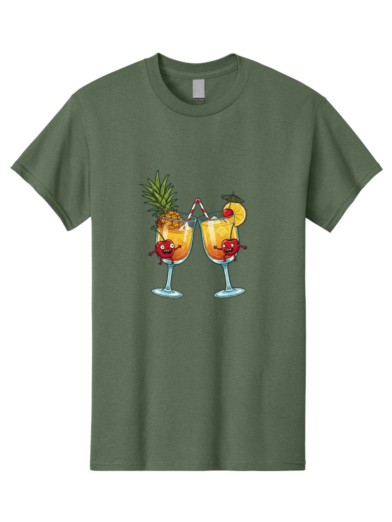 Cartoon-Cocktails Men'S Graphic Tee, 100% Cotton, Comfortable Casual Summer Wear, Machine Washable, Tropical Cocktails, Happy Red Hearts, Cartoon Characters, Pineapple And Orange Garnishes, Striped Straw, Refreshing Drinks, Summertime Vibes, Bac791 7