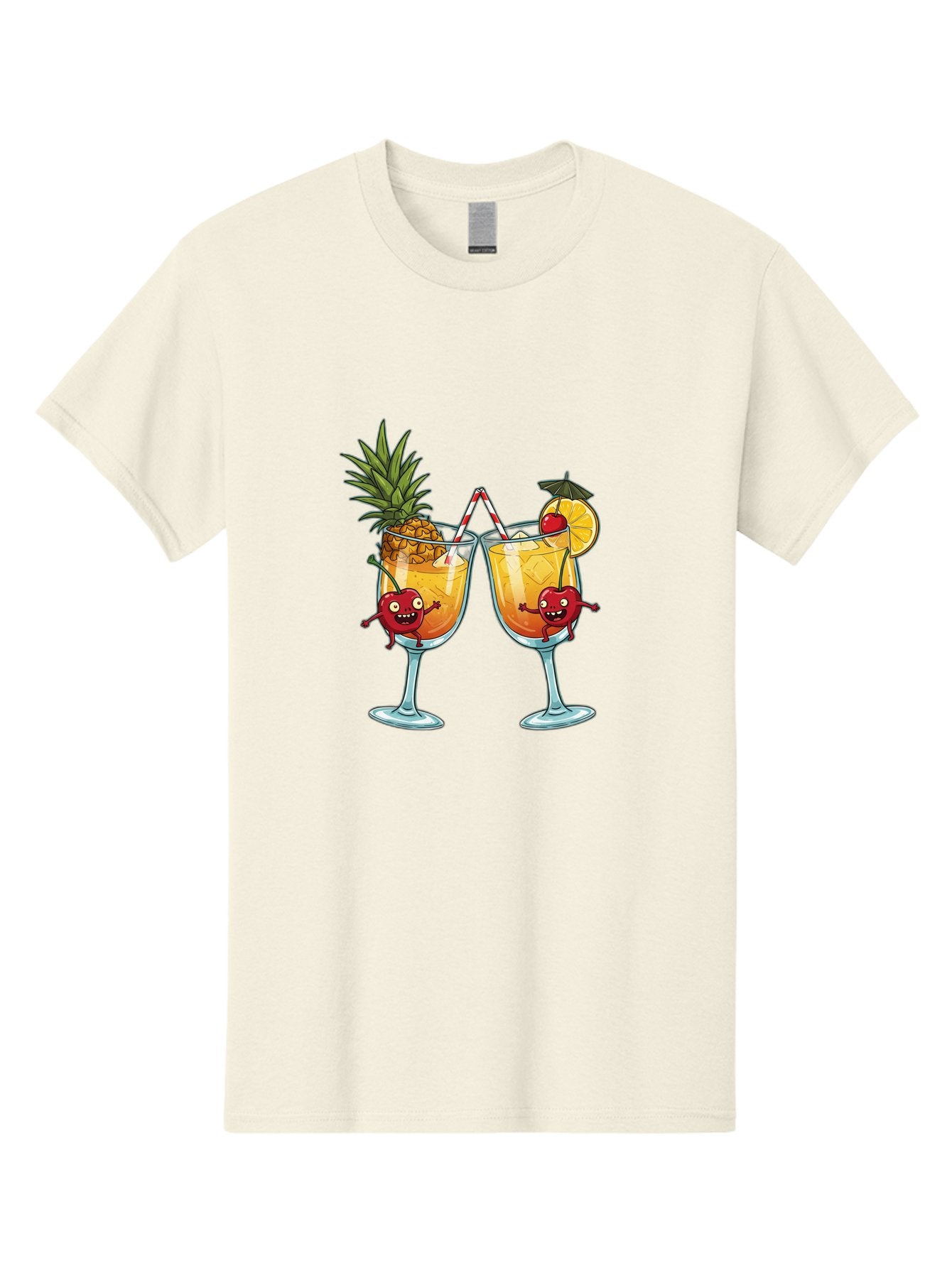 Cartoon-Cocktails Men'S Graphic Tee, 100% Cotton, Comfortable Casual Summer Wear, Machine Washable, Tropical Cocktails, Happy Red Hearts, Cartoon Characters, Pineapple And Orange Garnishes, Striped Straw, Refreshing Drinks, Summertime Vibes, Bac791 15