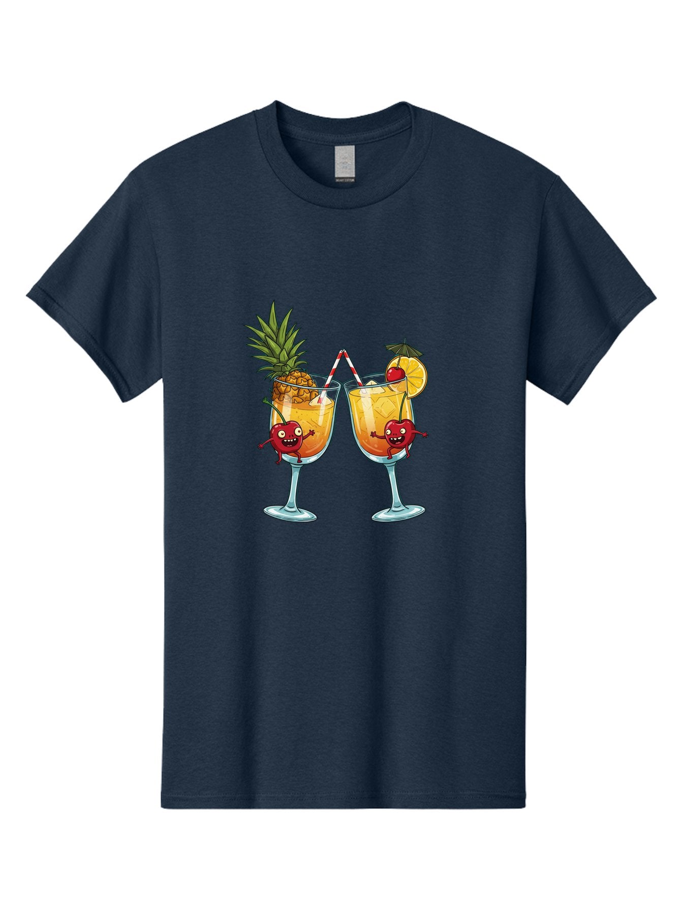 Cartoon-Cocktails Men'S Graphic Tee, 100% Cotton, Comfortable Casual Summer Wear, Machine Washable, Tropical Cocktails, Happy Red Hearts, Cartoon Characters, Pineapple And Orange Garnishes, Striped Straw, Refreshing Drinks, Summertime Vibes, Bac791 9