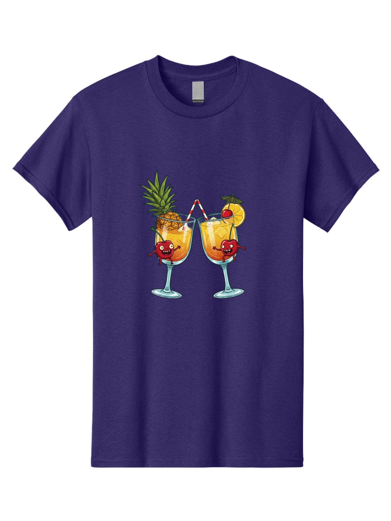 Cartoon-Cocktails Men'S Graphic Tee, 100% Cotton, Comfortable Casual Summer Wear, Machine Washable, Tropical Cocktails, Happy Red Hearts, Cartoon Characters, Pineapple And Orange Garnishes, Striped Straw, Refreshing Drinks, Summertime Vibes, Bac791 11