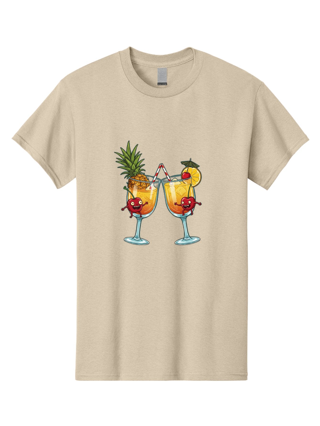 Cartoon-Cocktails Men'S Graphic Tee, 100% Cotton, Comfortable Casual Summer Wear, Machine Washable, Tropical Cocktails, Happy Red Hearts, Cartoon Characters, Pineapple And Orange Garnishes, Striped Straw, Refreshing Drinks, Summertime Vibes, Bac791 10