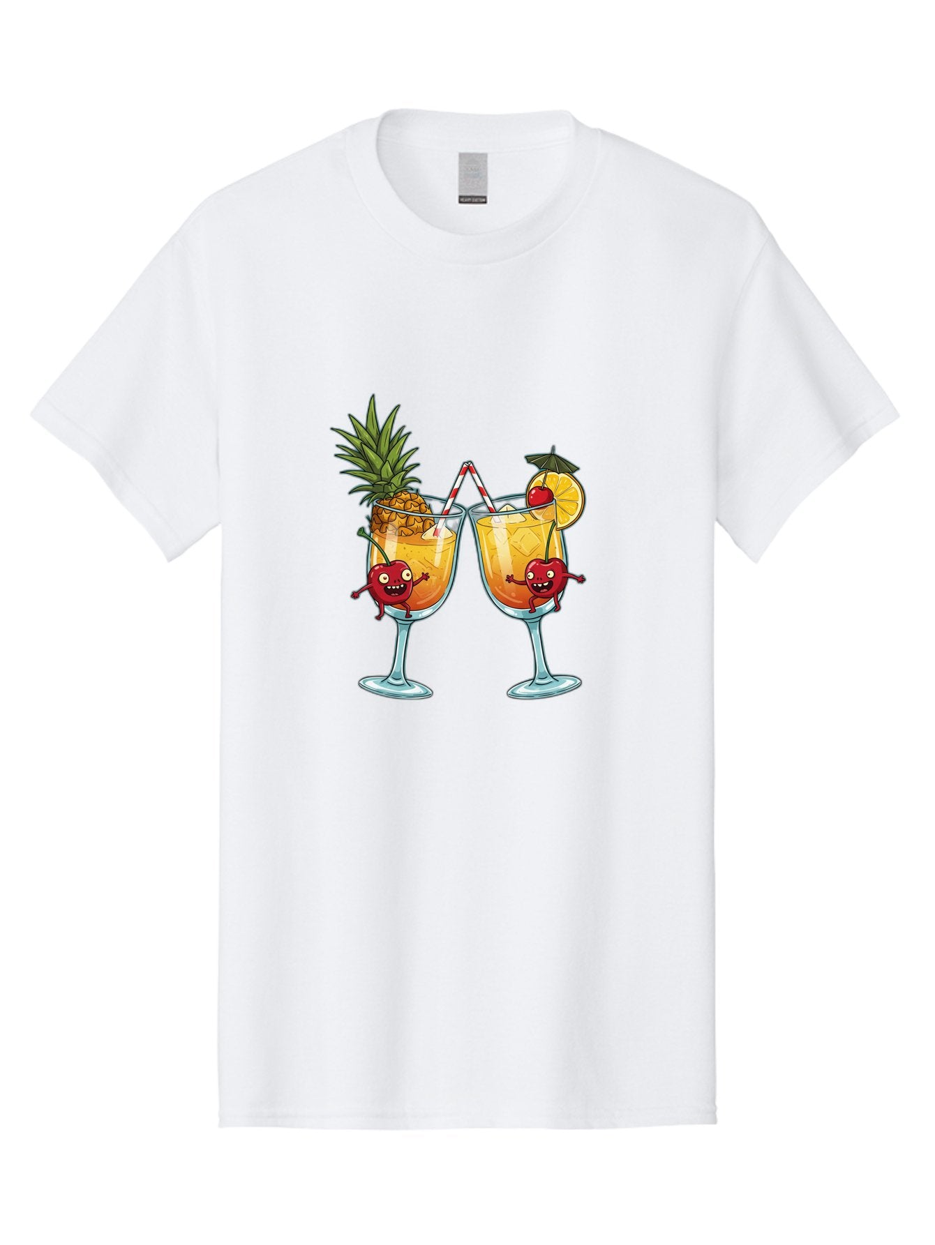 Cartoon-Cocktails Men'S Graphic Tee, 100% Cotton, Comfortable Casual Summer Wear, Machine Washable, Tropical Cocktails, Happy Red Hearts, Cartoon Characters, Pineapple And Orange Garnishes, Striped Straw, Refreshing Drinks, Summertime Vibes, Bac791 8