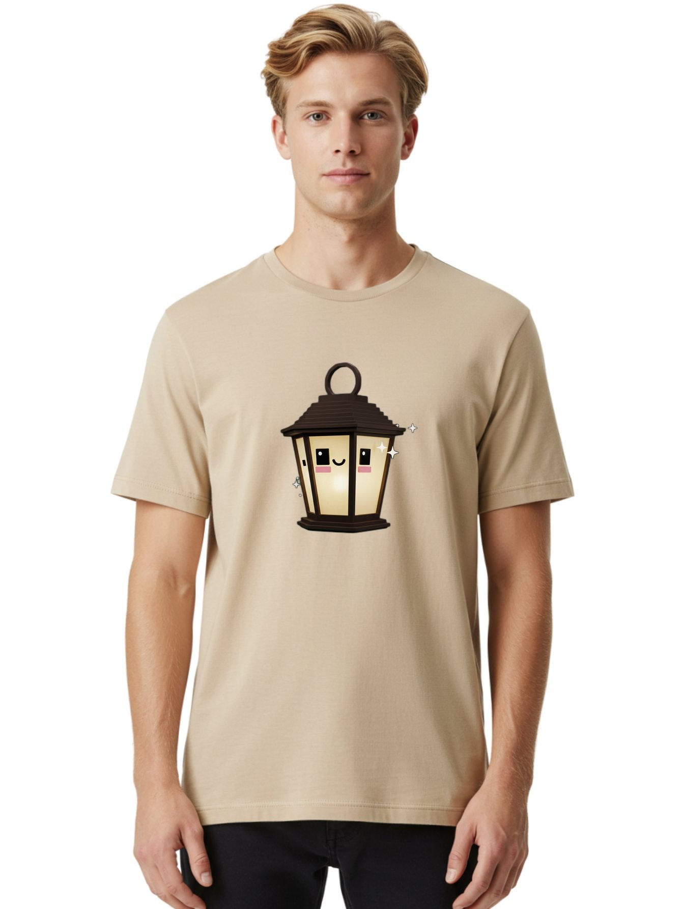 Cartoon-Lantern Men'S Graphic Tee, 100% Cotton, Comfortable Casual Summer Wear, Machine Washable, Cute Lantern, Smiling Face, Glowing Light, Magical Sparks, Kawaii Character, Charming Decoration, Happy Expression, Whimsical Design Bac792 24