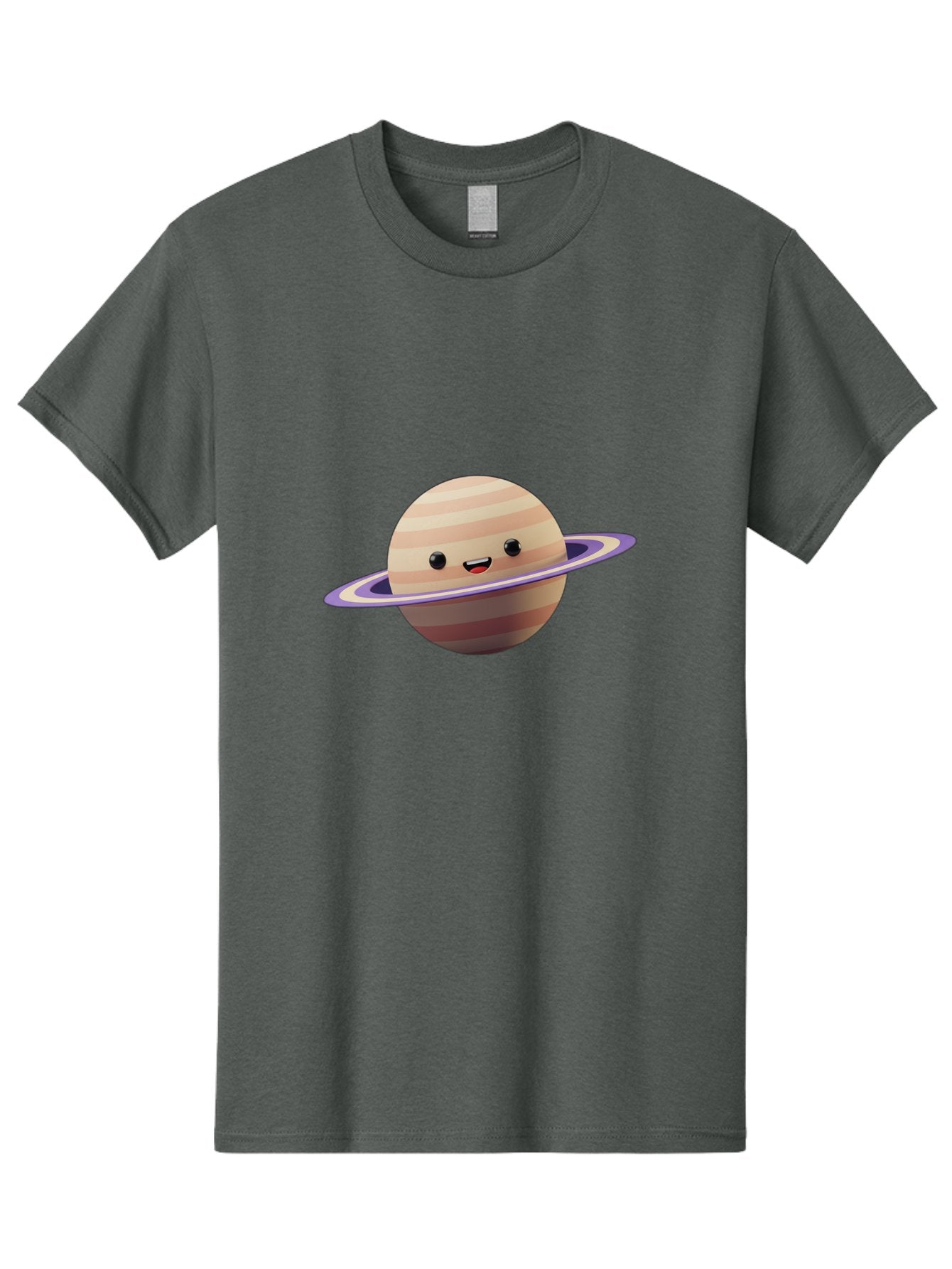 Cartoon-Saturn Men'S Graphic Tee, 100% Cotton, Comfortable Casual Summer Wear, Machine Washable, Cartoon Planet, Smiling Face, Saturn-Like Planet, Cute Illustration, Galaxy Character, Purple Ring, Beige And Brown Stripes, Funny Expression, Bac793