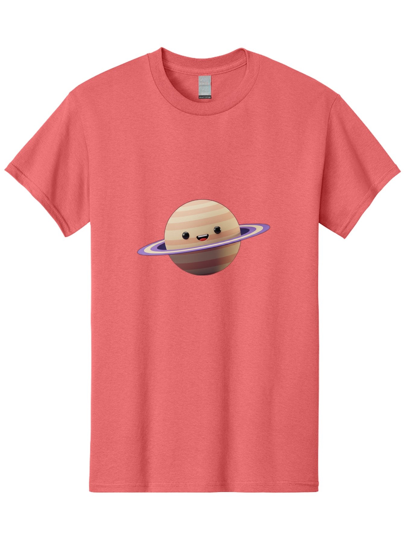 Cartoon-Saturn Men'S Graphic Tee, 100% Cotton, Comfortable Casual Summer Wear, Machine Washable, Cartoon Planet, Smiling Face, Saturn-Like Planet, Cute Illustration, Galaxy Character, Purple Ring, Beige And Brown Stripes, Funny Expression, Bac793 6