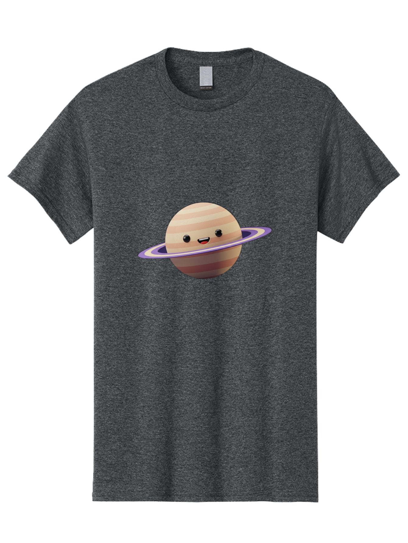 Cartoon-Saturn Men'S Graphic Tee, 100% Cotton, Comfortable Casual Summer Wear, Machine Washable, Cartoon Planet, Smiling Face, Saturn-Like Planet, Cute Illustration, Galaxy Character, Purple Ring, Beige And Brown Stripes, Funny Expression, Bac793 5