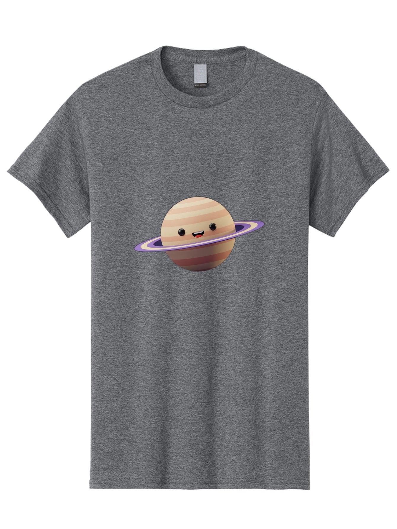 Cartoon-Saturn Men'S Graphic Tee, 100% Cotton, Comfortable Casual Summer Wear, Machine Washable, Cartoon Planet, Smiling Face, Saturn-Like Planet, Cute Illustration, Galaxy Character, Purple Ring, Beige And Brown Stripes, Funny Expression, Bac793
