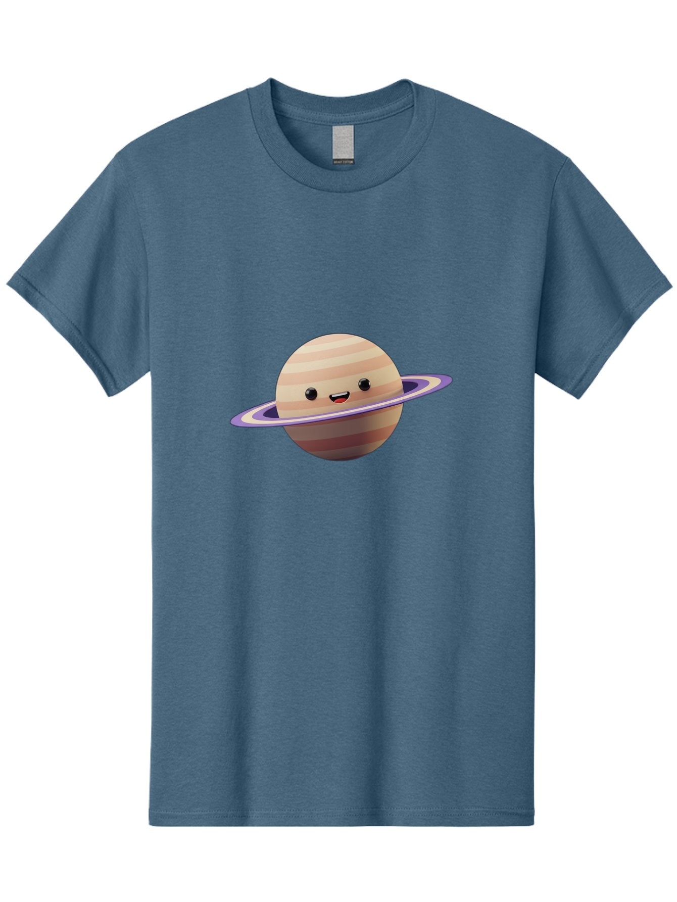 Cartoon-Saturn Men'S Graphic Tee, 100% Cotton, Comfortable Casual Summer Wear, Machine Washable, Cartoon Planet, Smiling Face, Saturn-Like Planet, Cute Illustration, Galaxy Character, Purple Ring, Beige And Brown Stripes, Funny Expression, Bac793 4