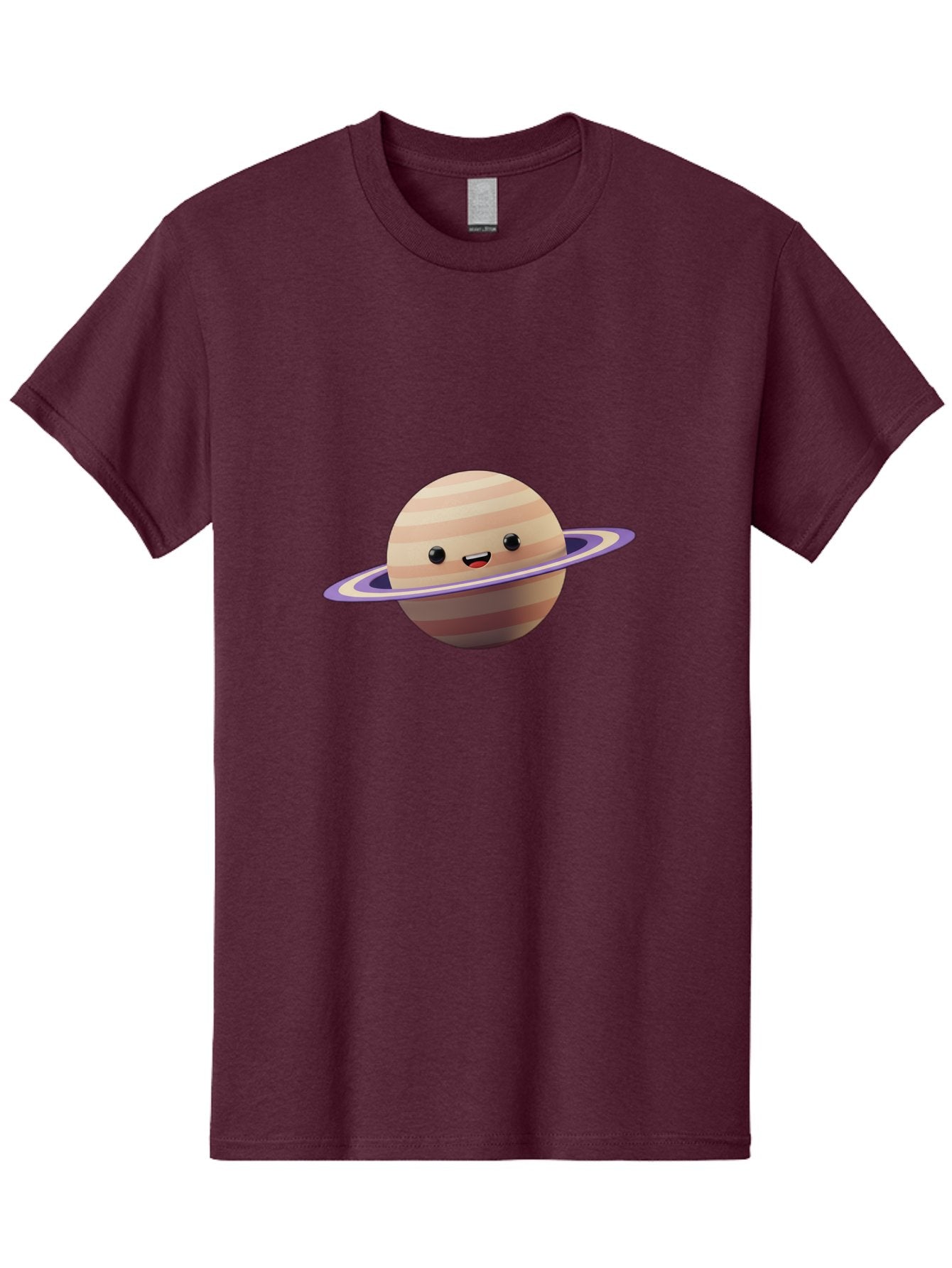 Cartoon-Saturn Men'S Graphic Tee, 100% Cotton, Comfortable Casual Summer Wear, Machine Washable, Cartoon Planet, Smiling Face, Saturn-Like Planet, Cute Illustration, Galaxy Character, Purple Ring, Beige And Brown Stripes, Funny Expression, Bac793 11